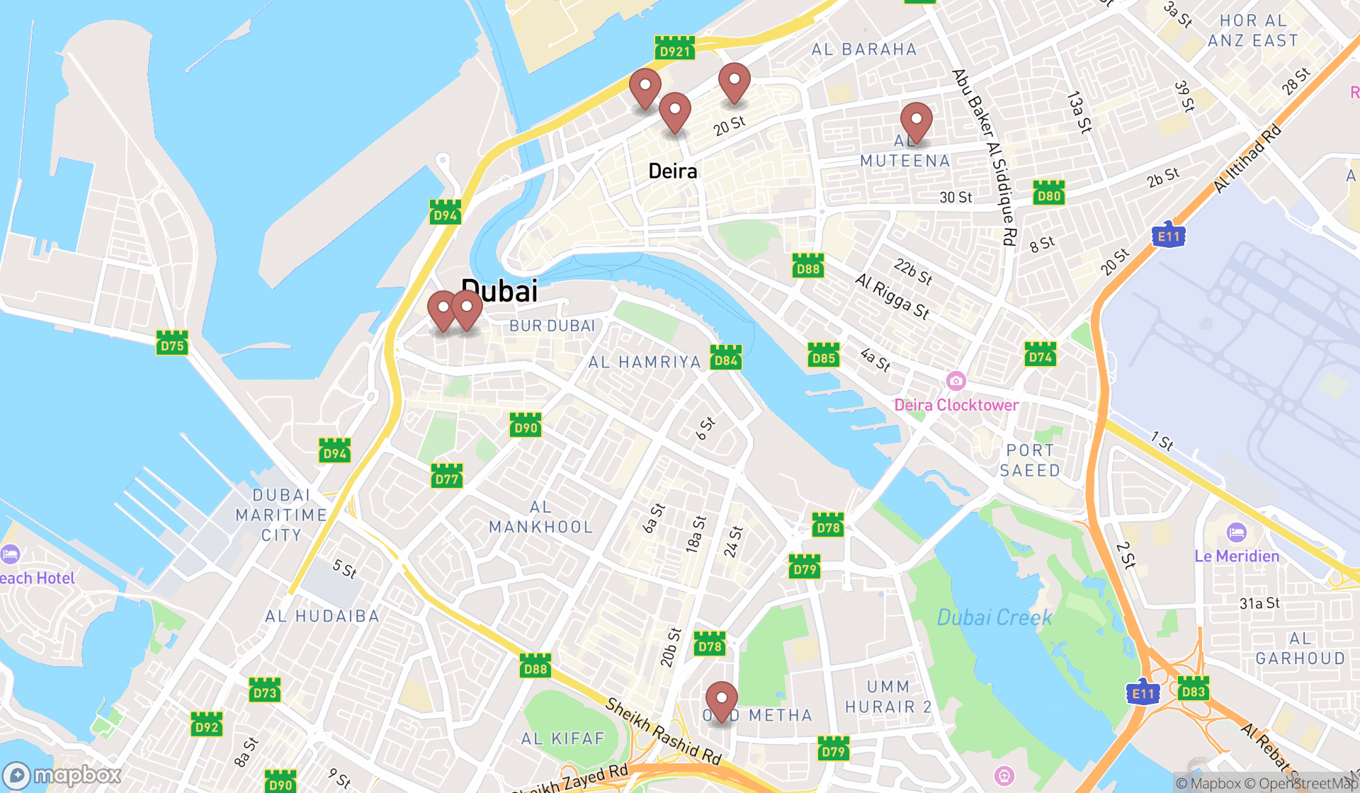 Map showing the search results in Dubai