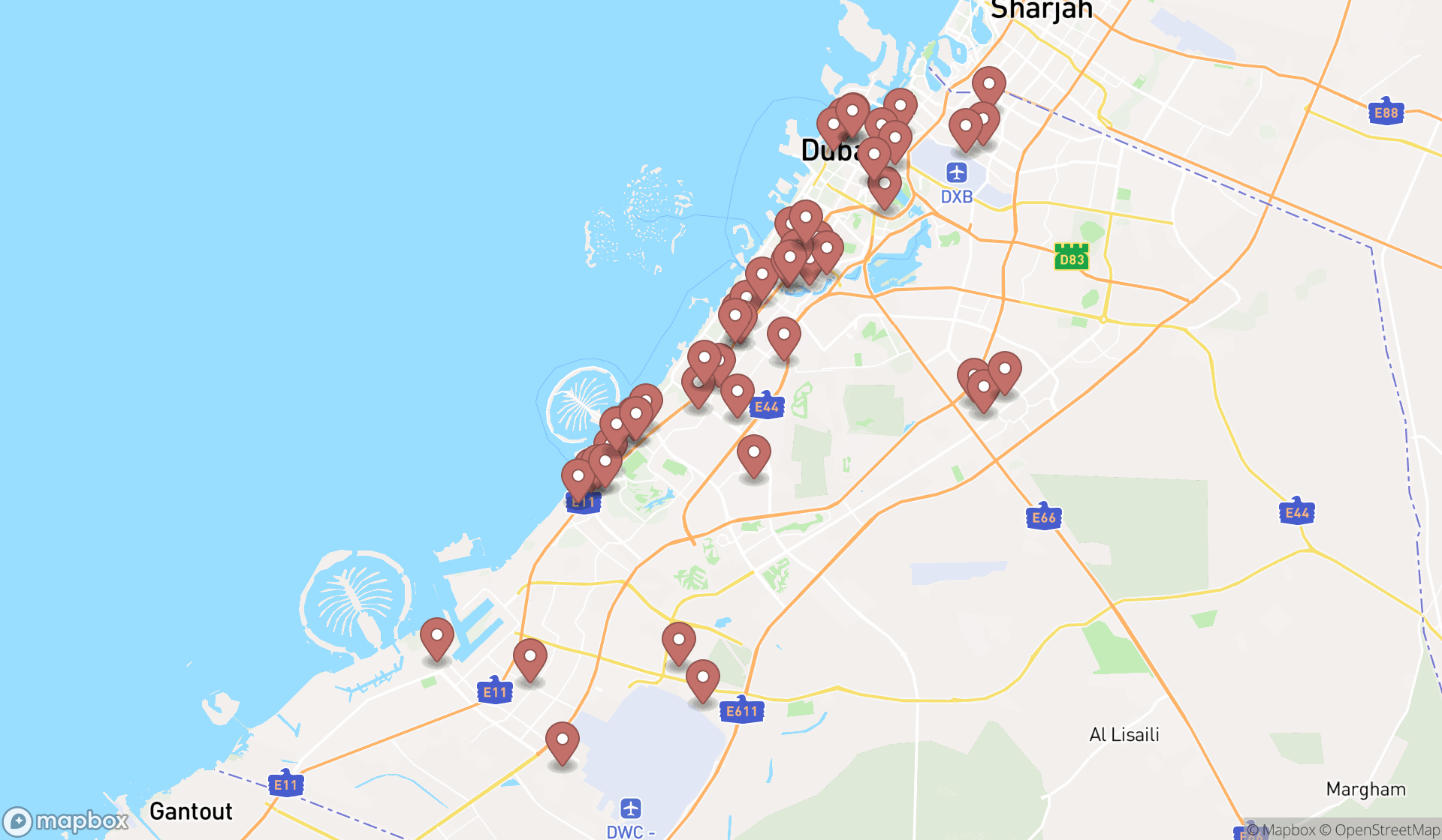 Map showing the search results in Dubai