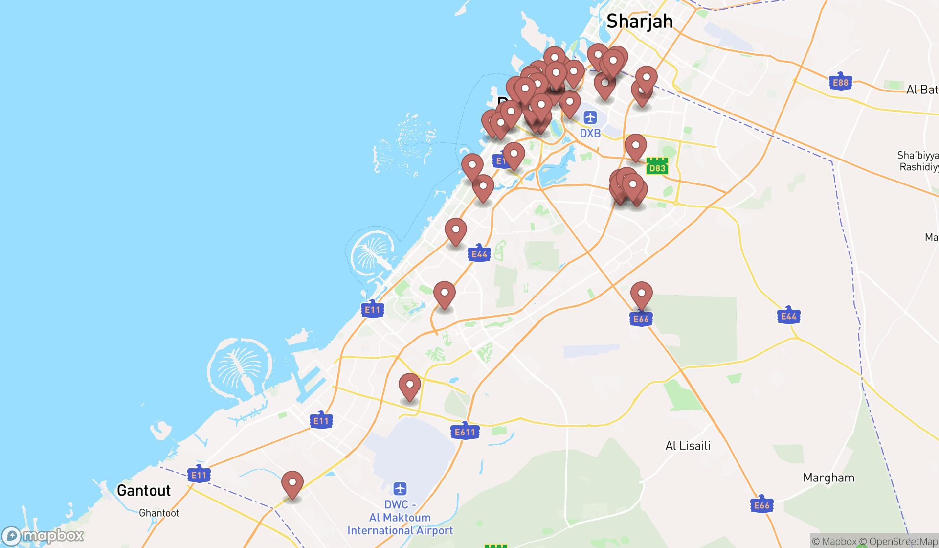 Map showing the search results in Dubai