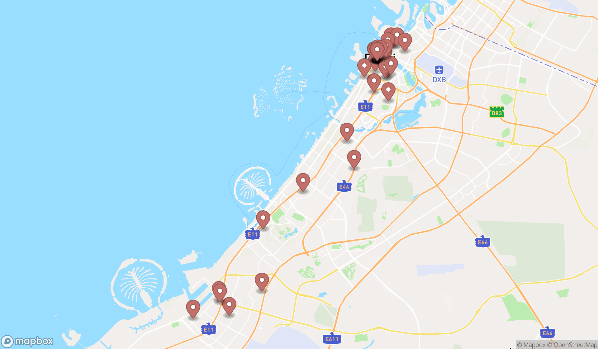 Map showing the search results in Dubai