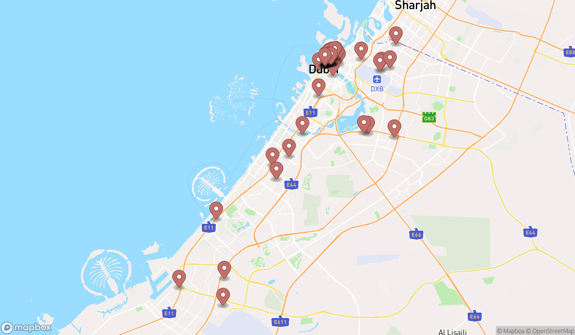 Map showing the search results in Dubai