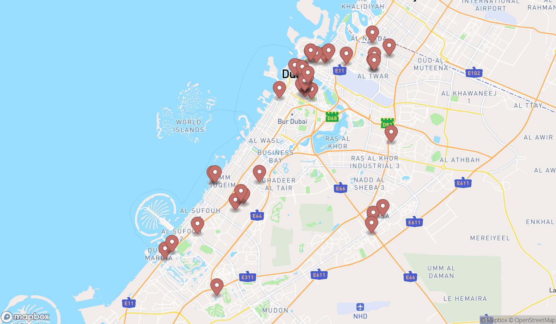 Map showing the search results in Dubai