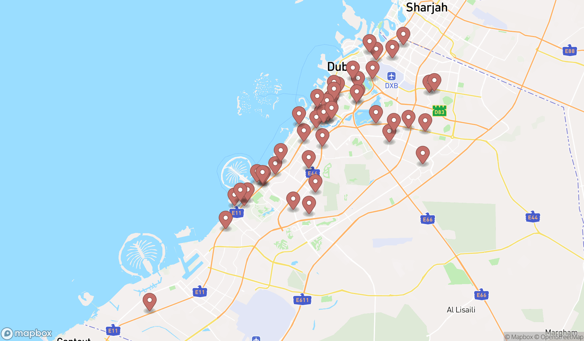 Map showing the search results in Dubai