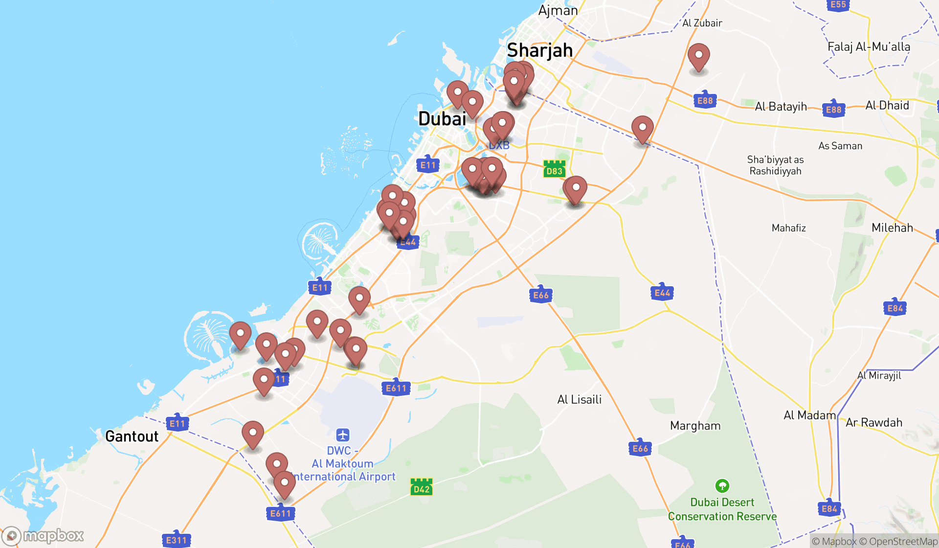 Map showing the search results in Dubai
