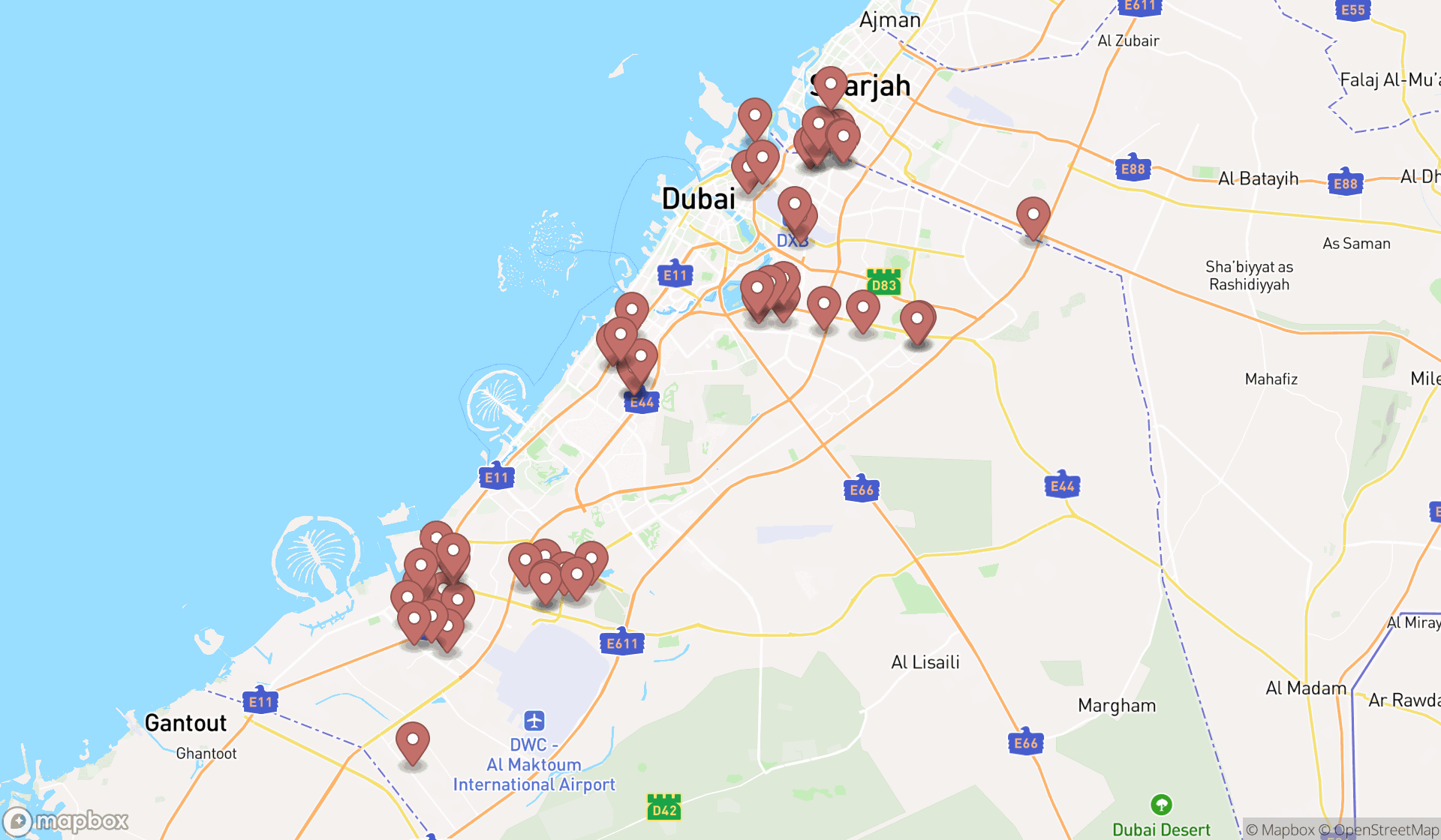 Map showing the search results in Dubai