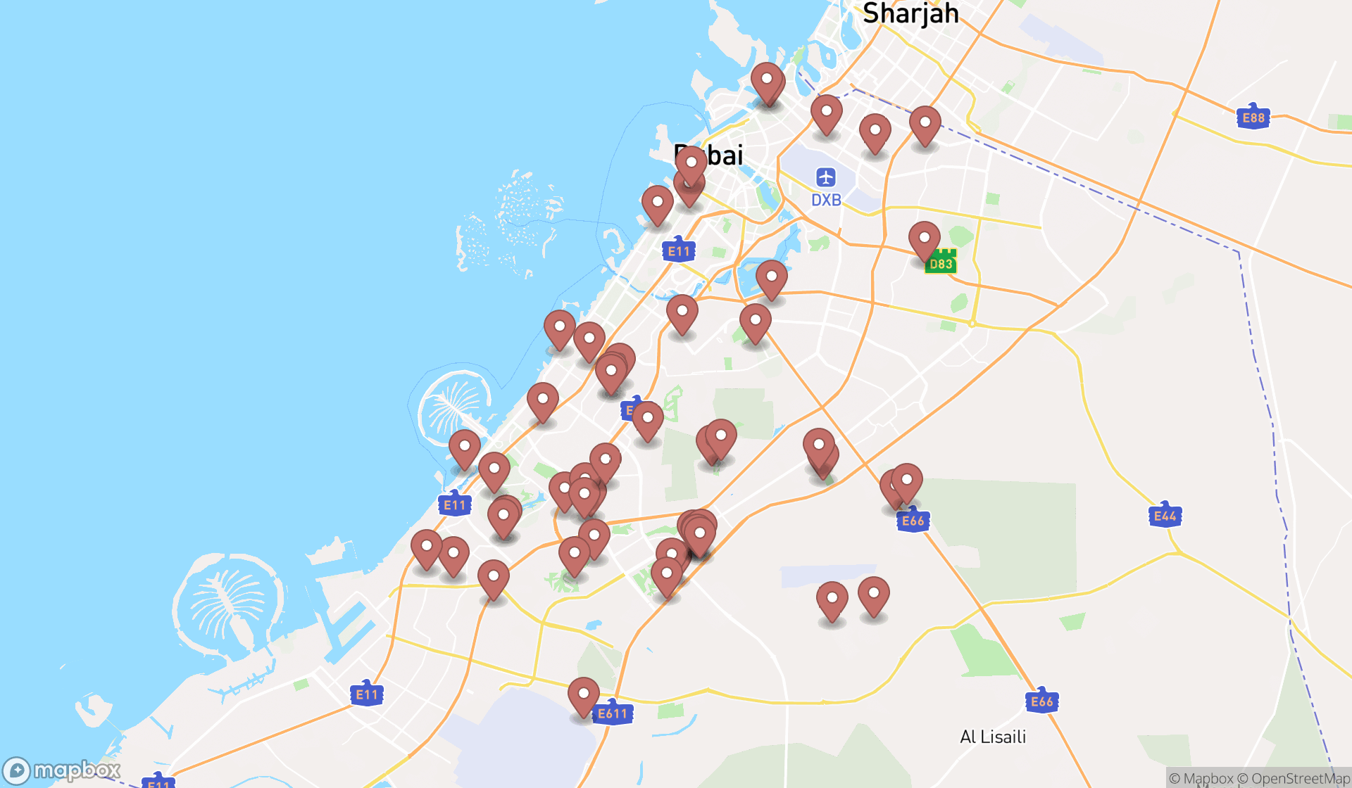 Map showing the search results in Dubai