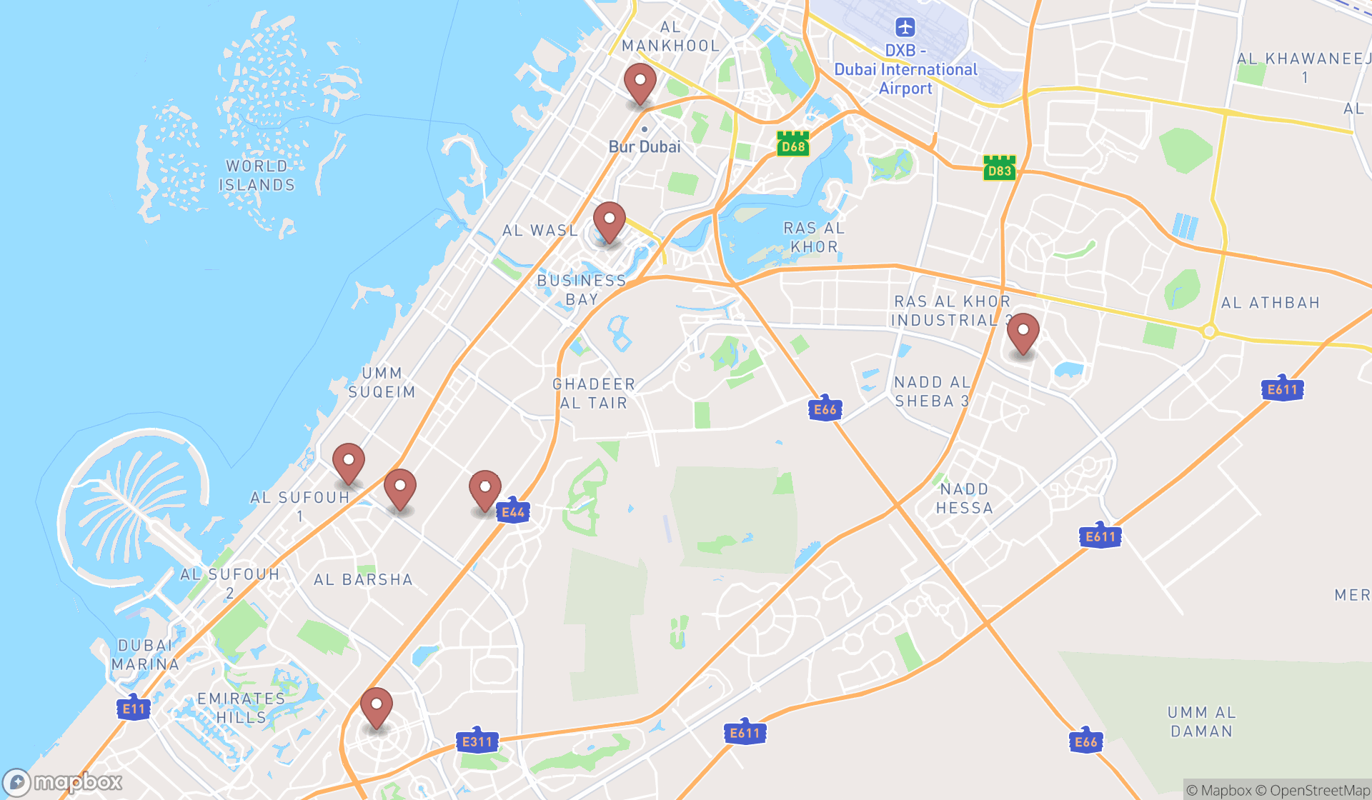 Map showing the search results in Dubai