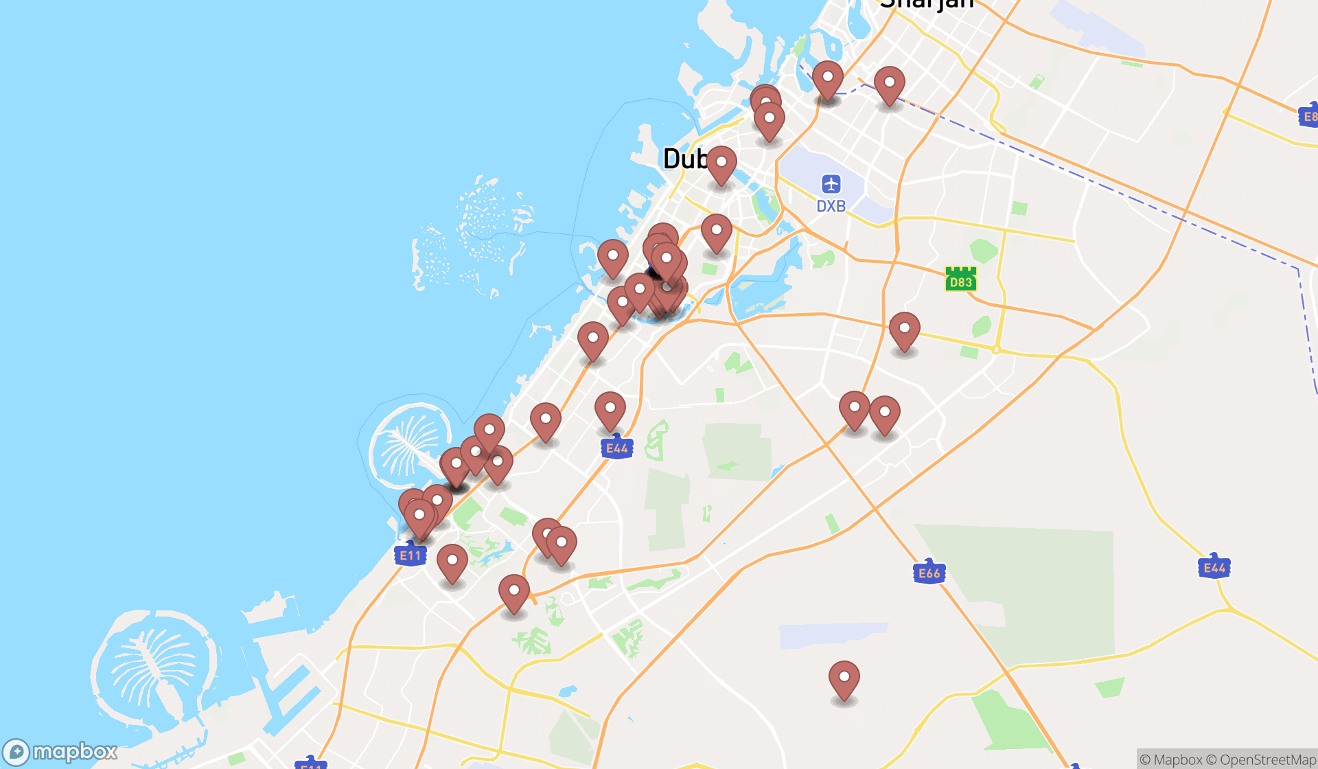 Map showing the search results in Dubai