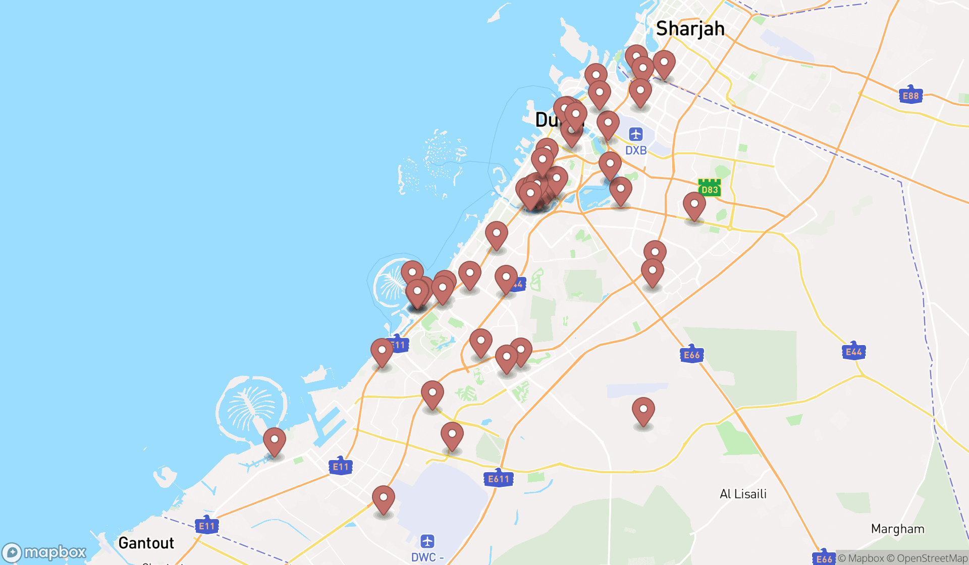 Map showing the search results in Dubai