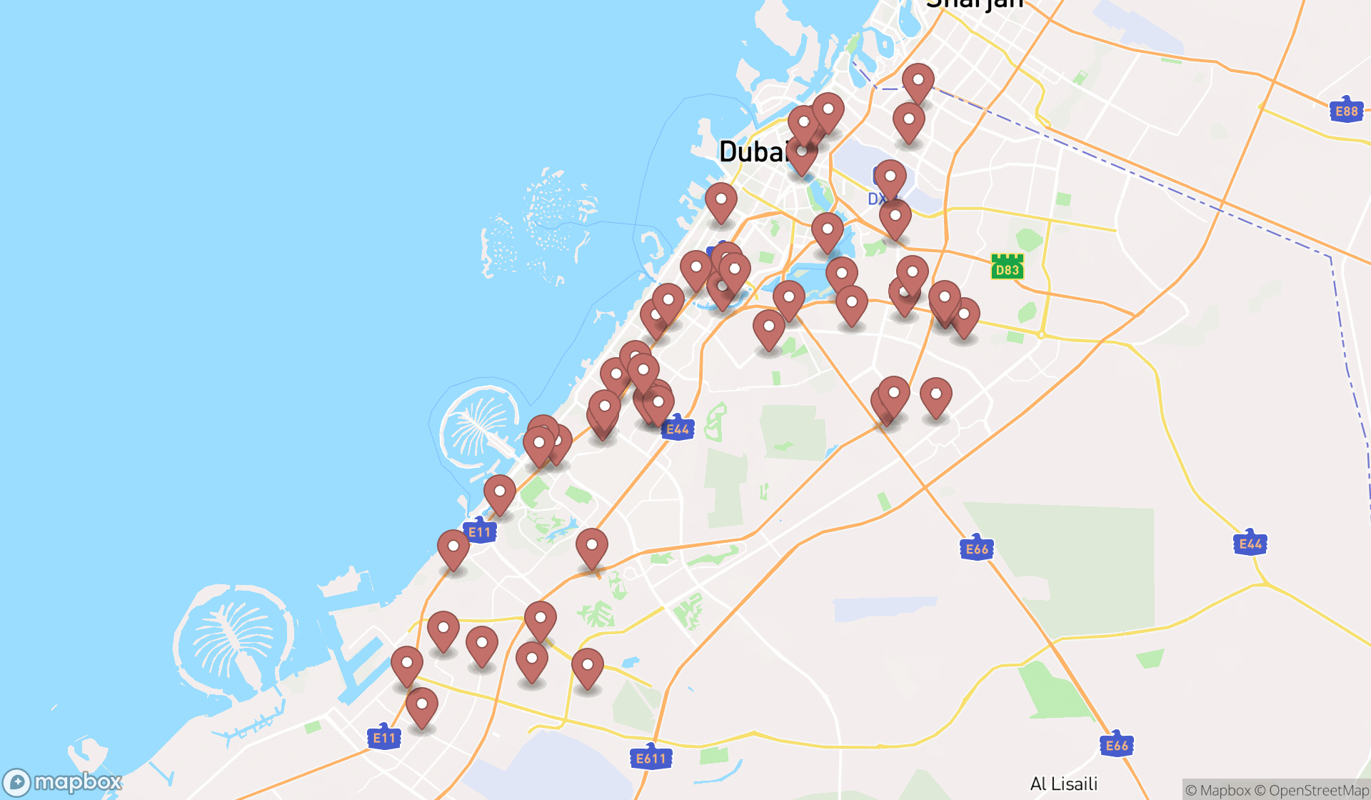 Map showing the search results in Dubai