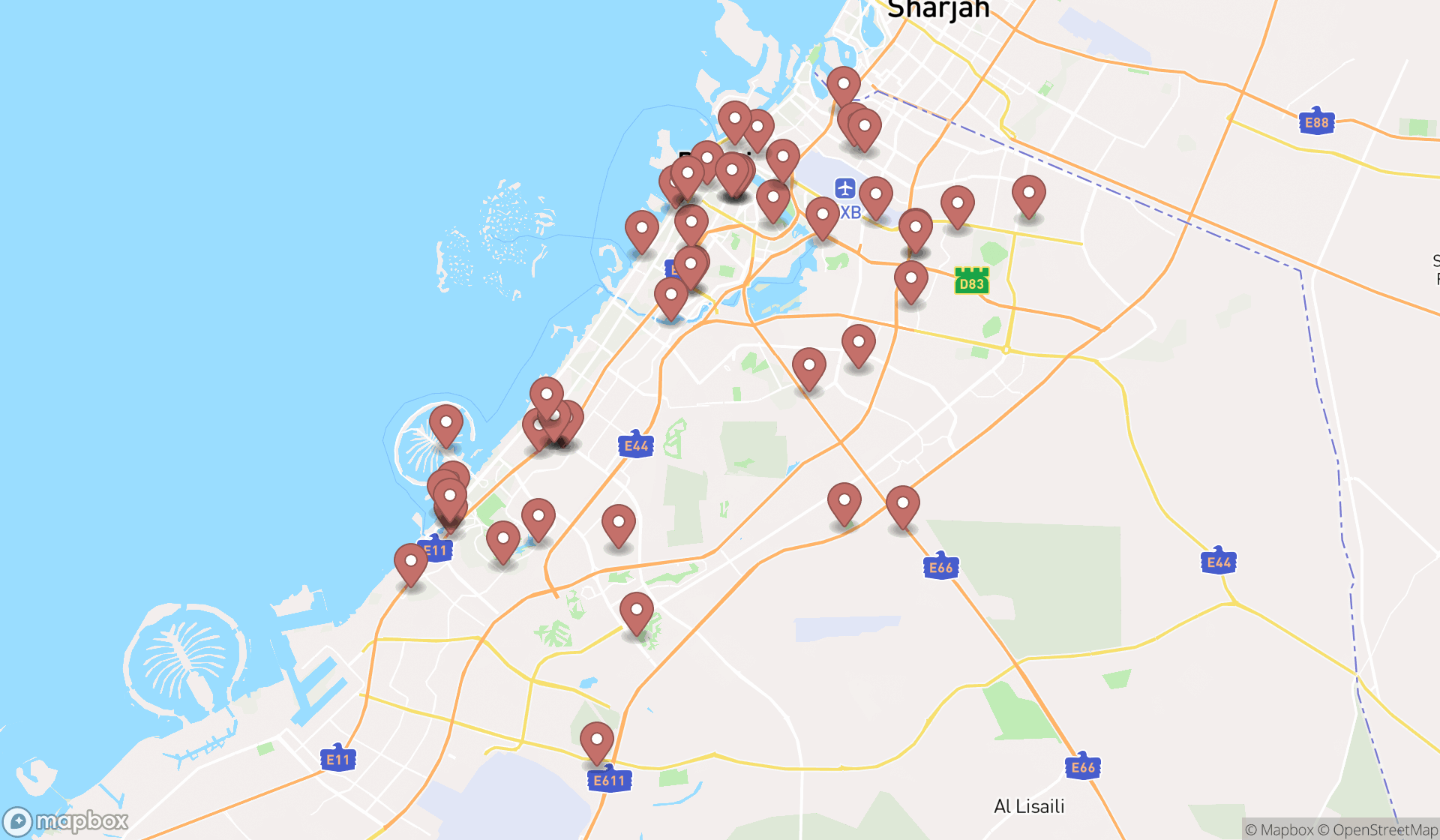Map showing the search results in Dubai