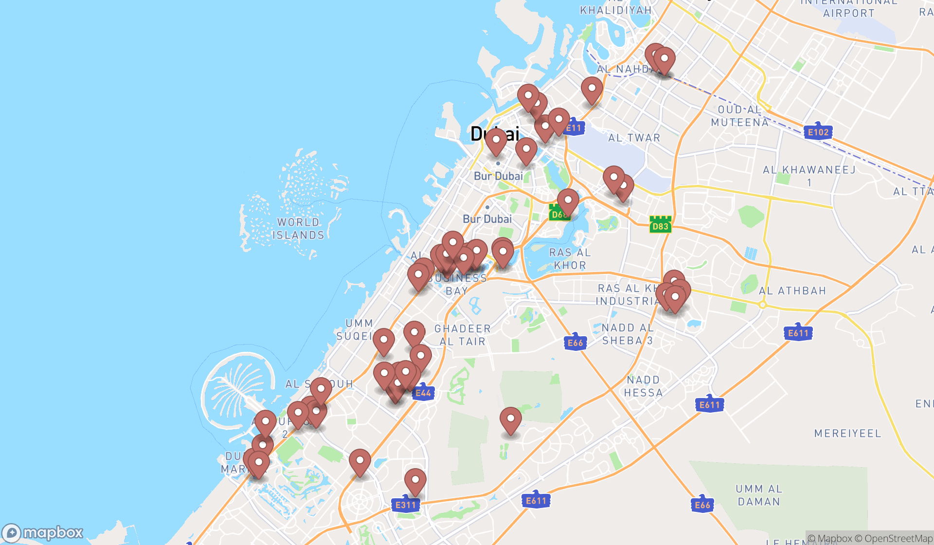Map showing the search results in Dubai