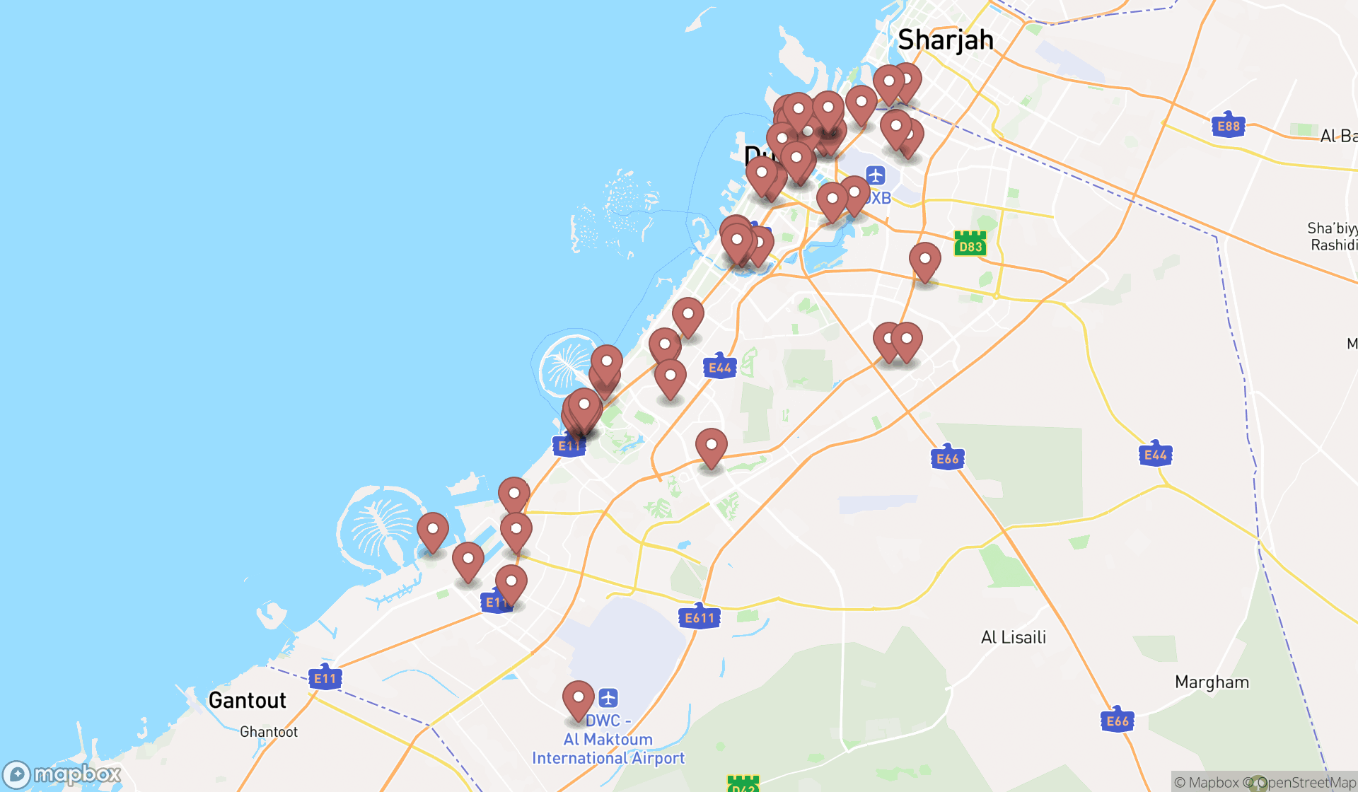 Map showing the search results in Dubai