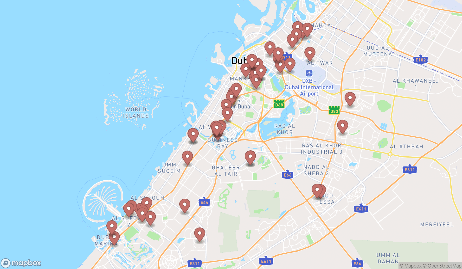 Map showing the search results in Dubai