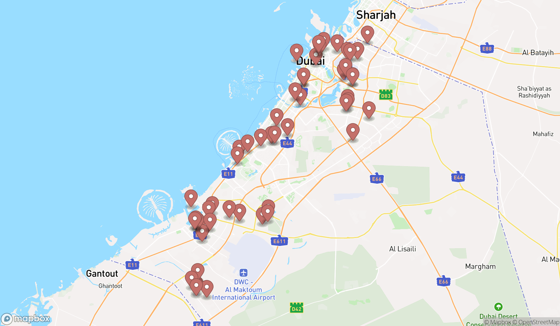 Map showing the search results in Dubai