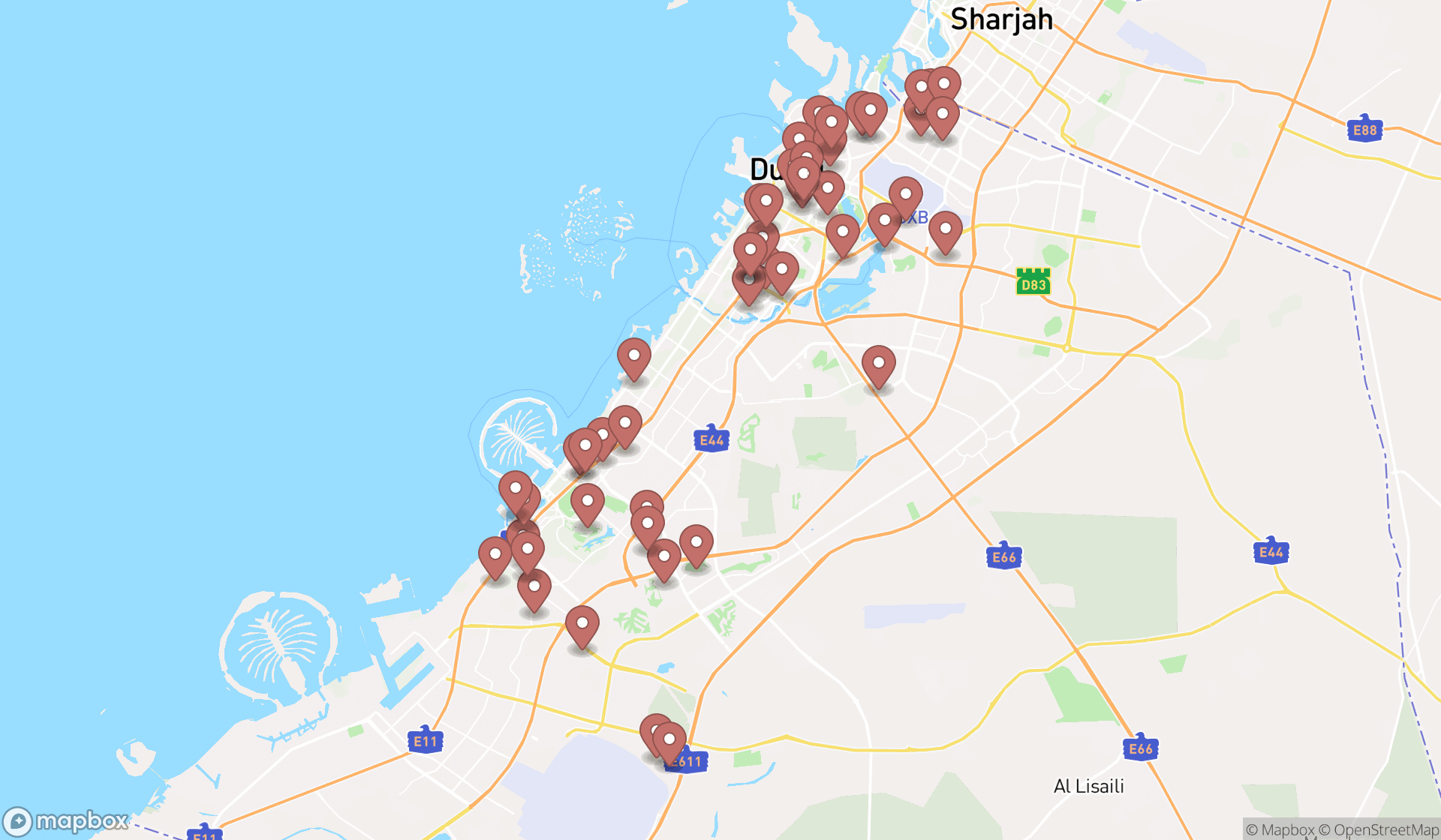 Map showing the search results in Dubai
