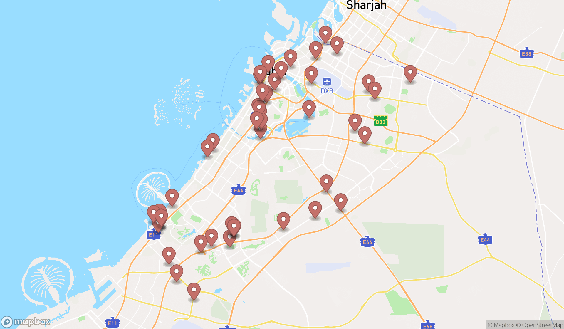 Map showing the search results in Dubai