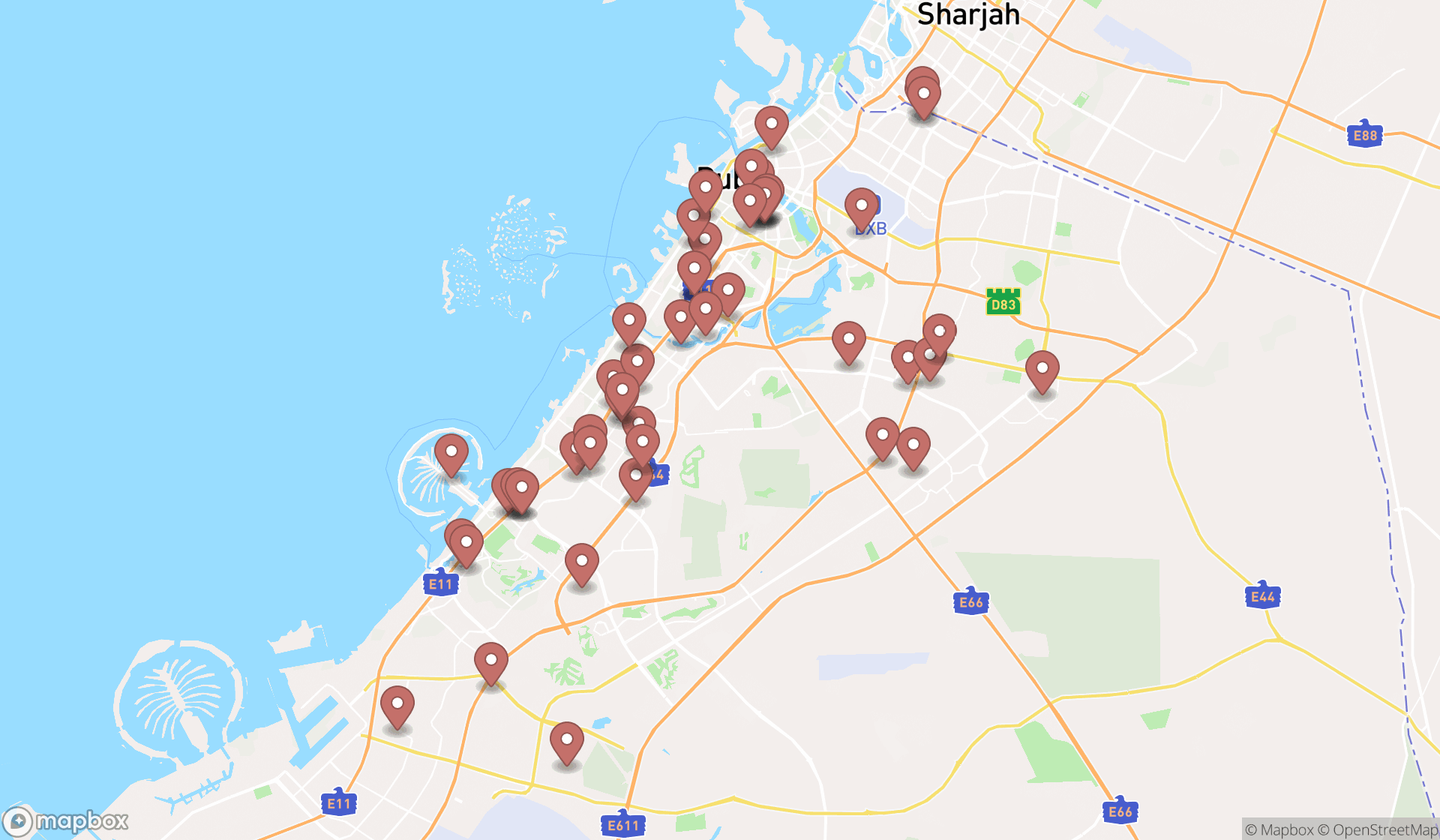Map showing the search results in Dubai