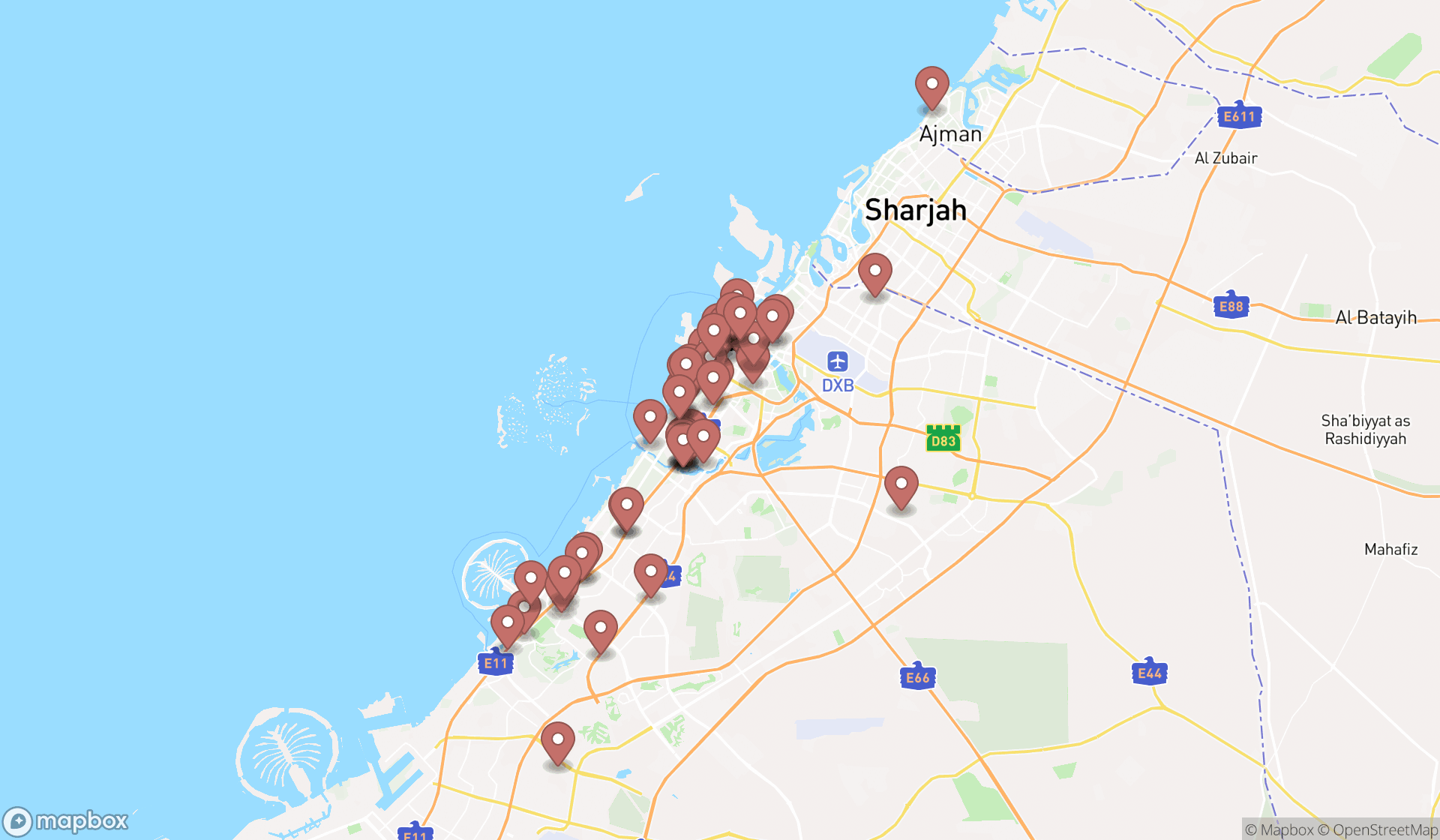 Map showing the search results in Dubai