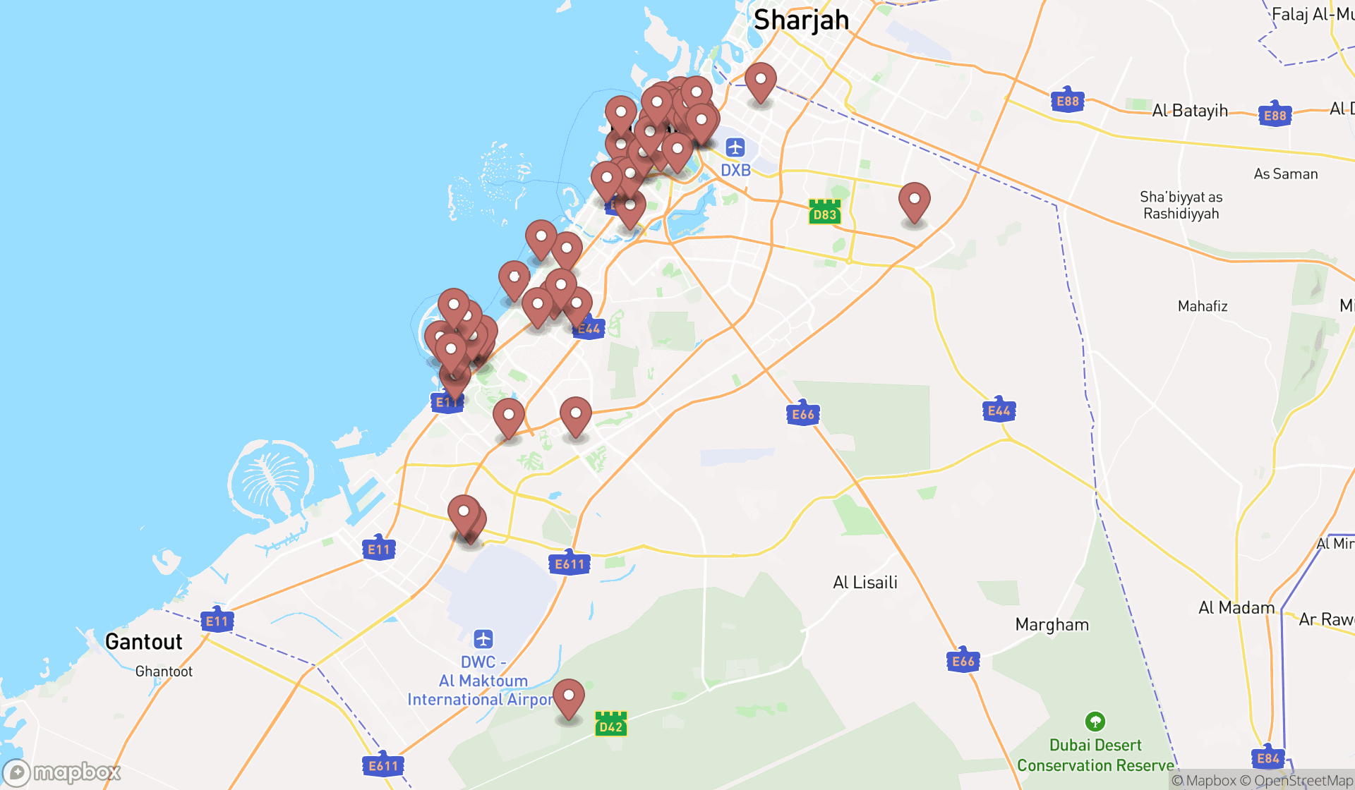 Map showing the search results in Dubai