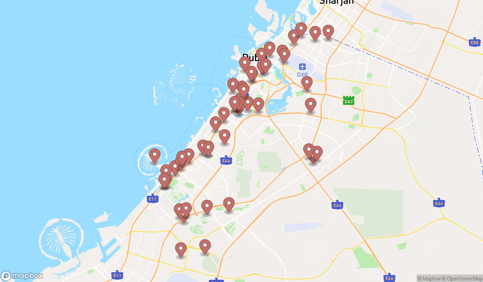 Map showing the search results in Dubai