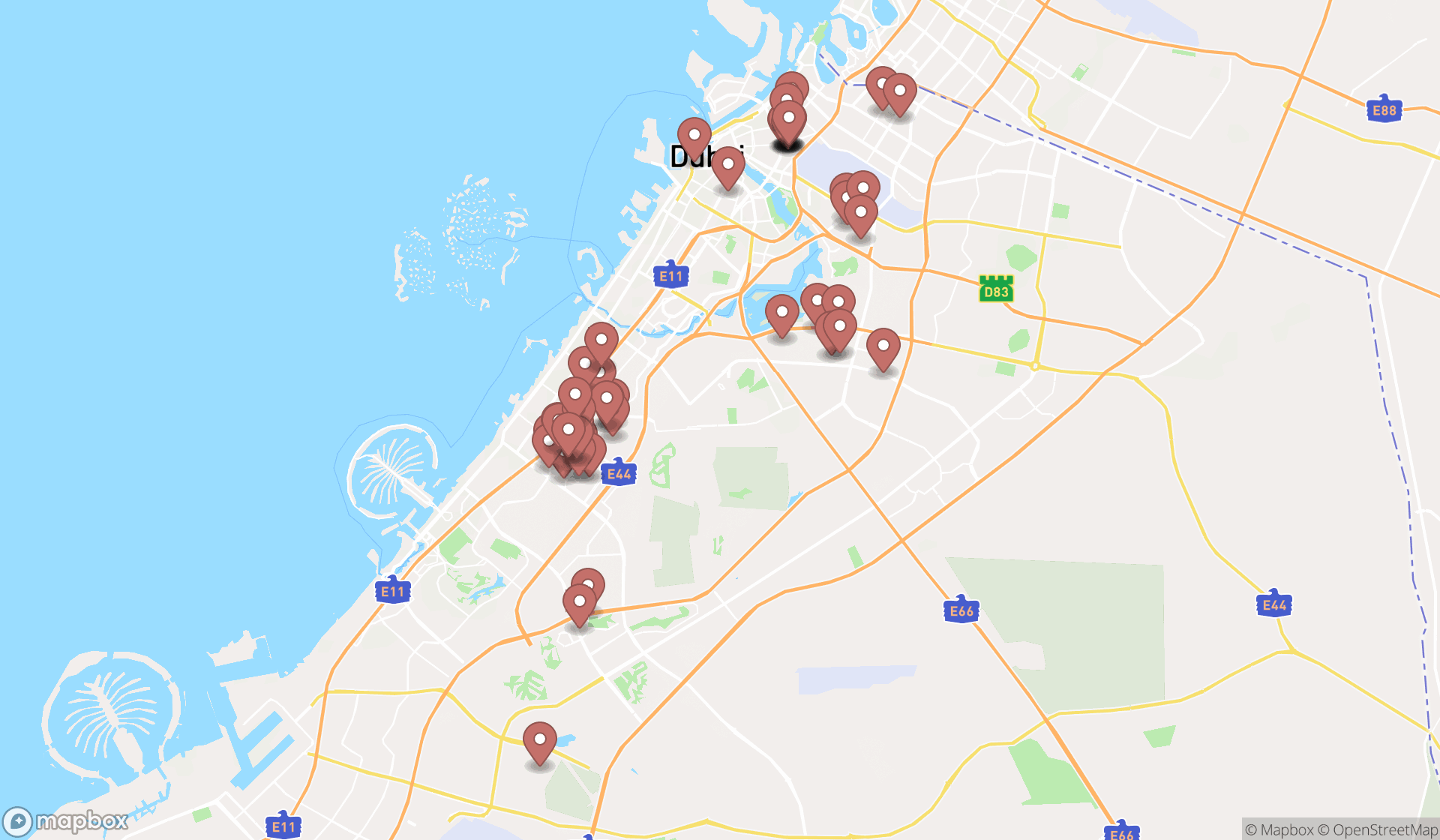Map showing the search results in Dubai