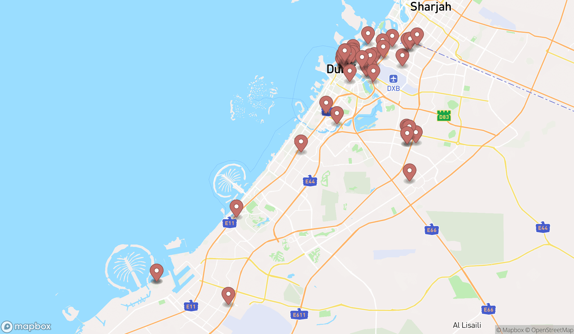 Map showing the search results in Dubai