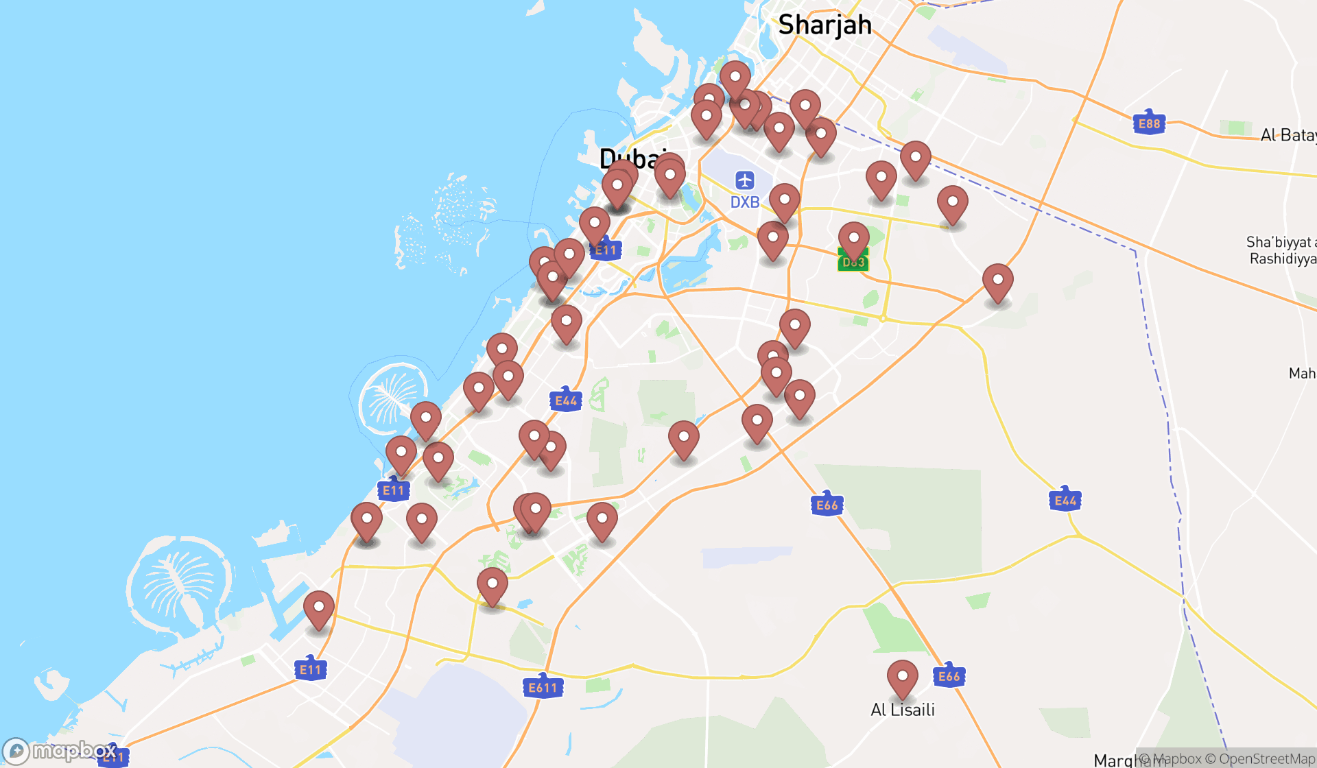 Map showing the search results in Dubai