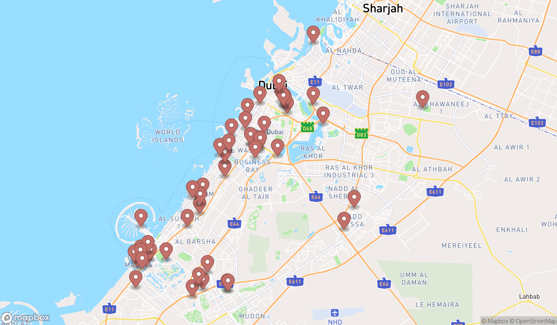 Map showing the search results in Dubai