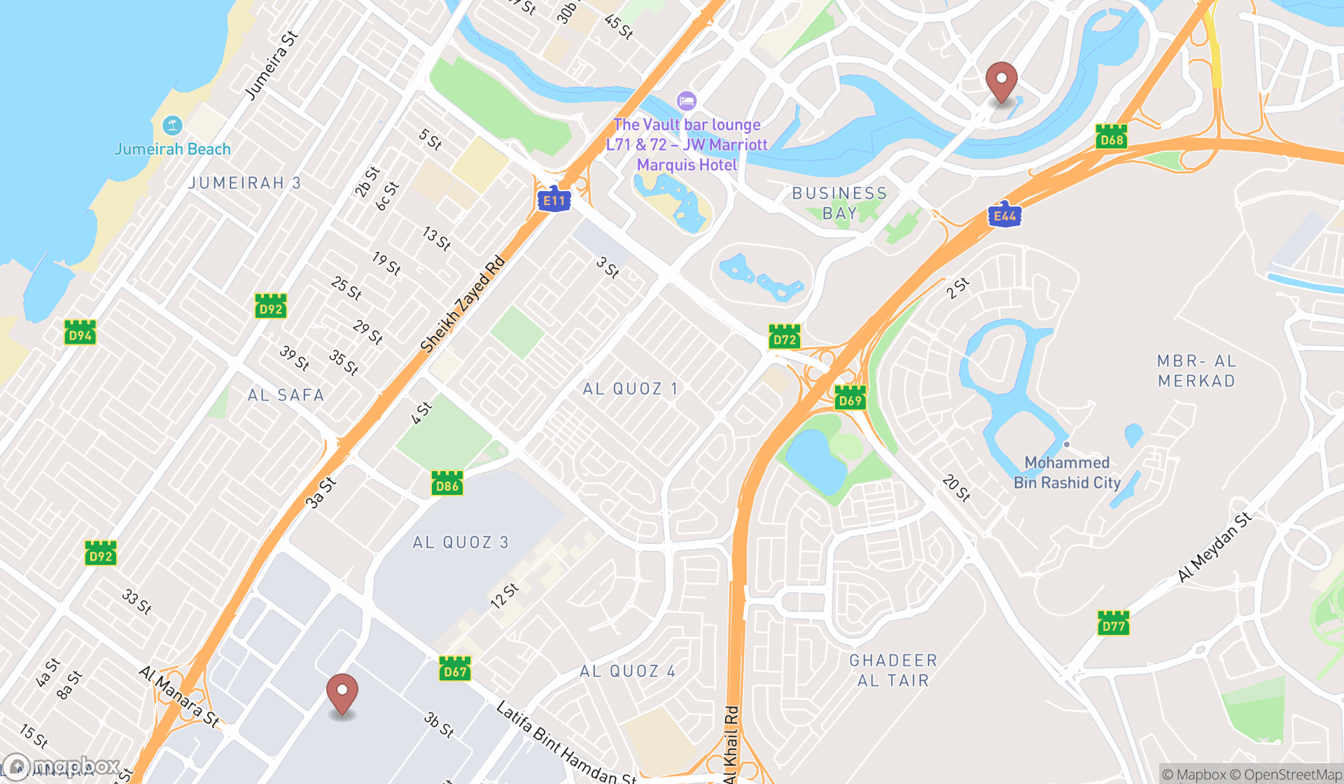 Map showing the search results in Dubai