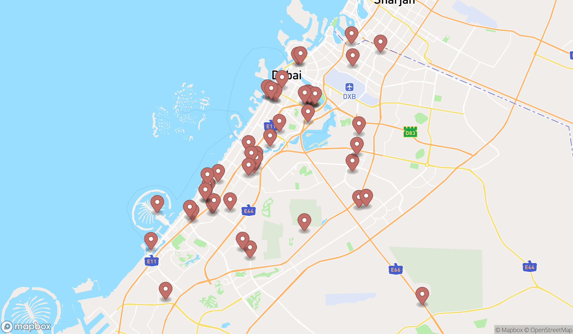 Map showing the search results in Dubai