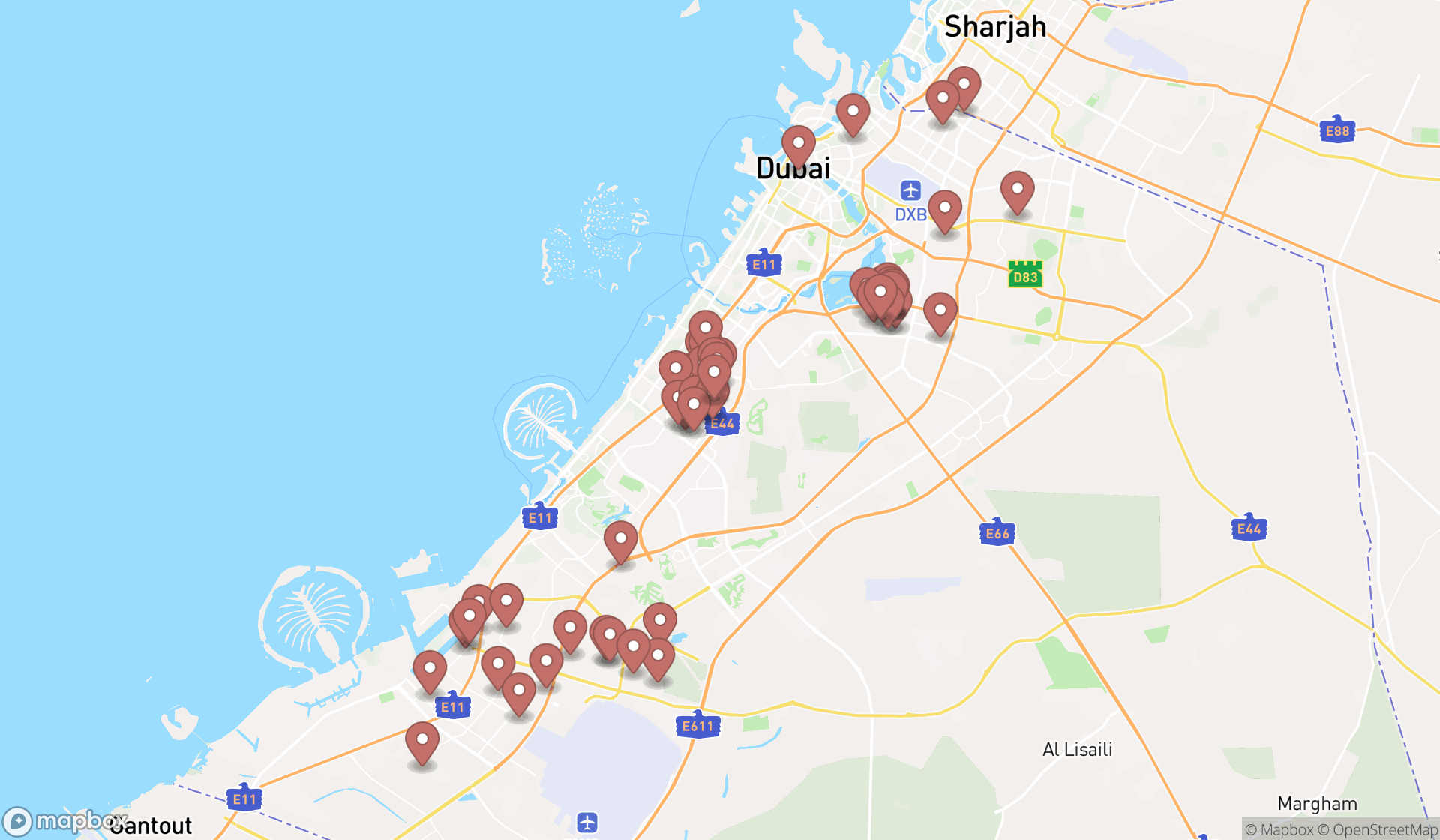 Map showing the search results in Dubai