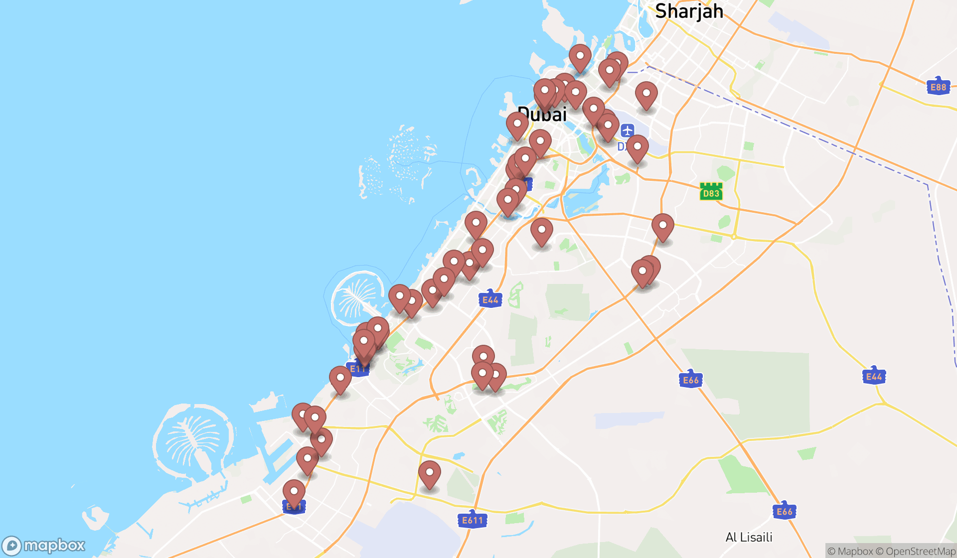 Map showing the search results in Dubai