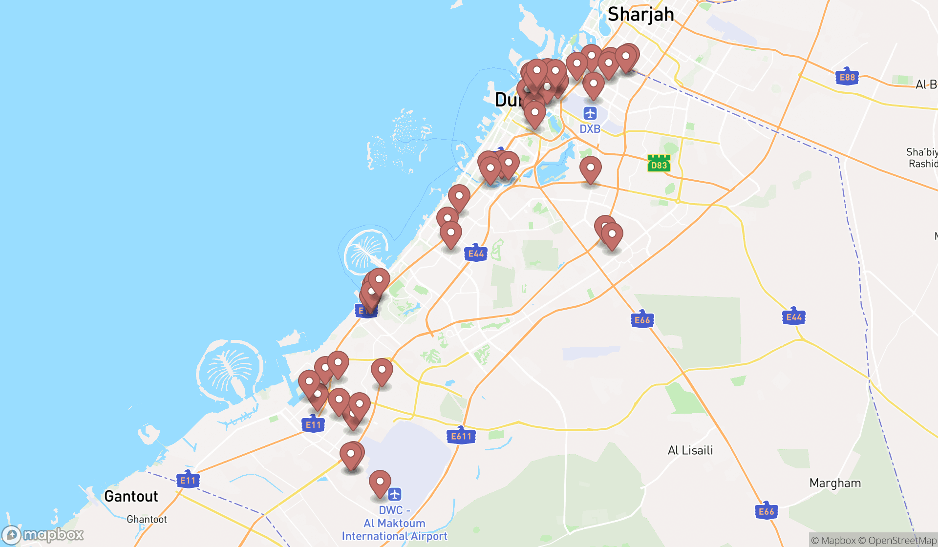 Map showing the search results in Dubai