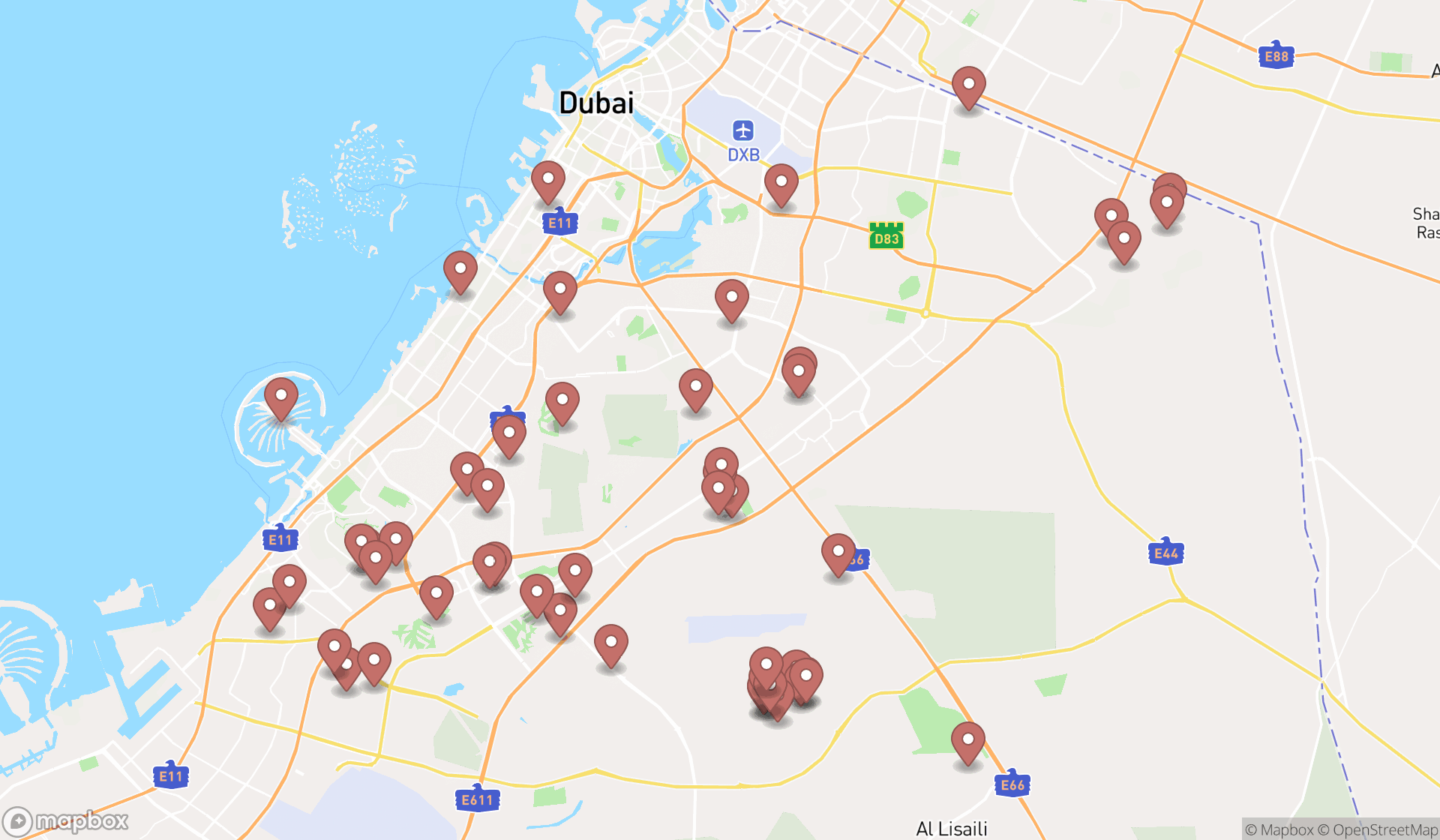 Map showing the search results in Dubai