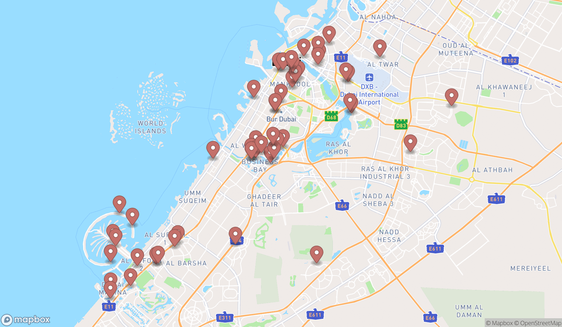 Map showing the search results in Dubai
