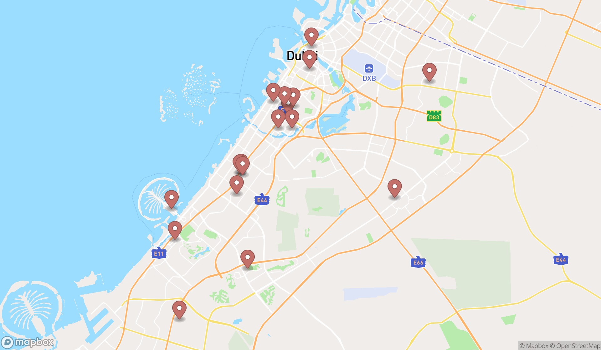 Map showing the search results in Dubai