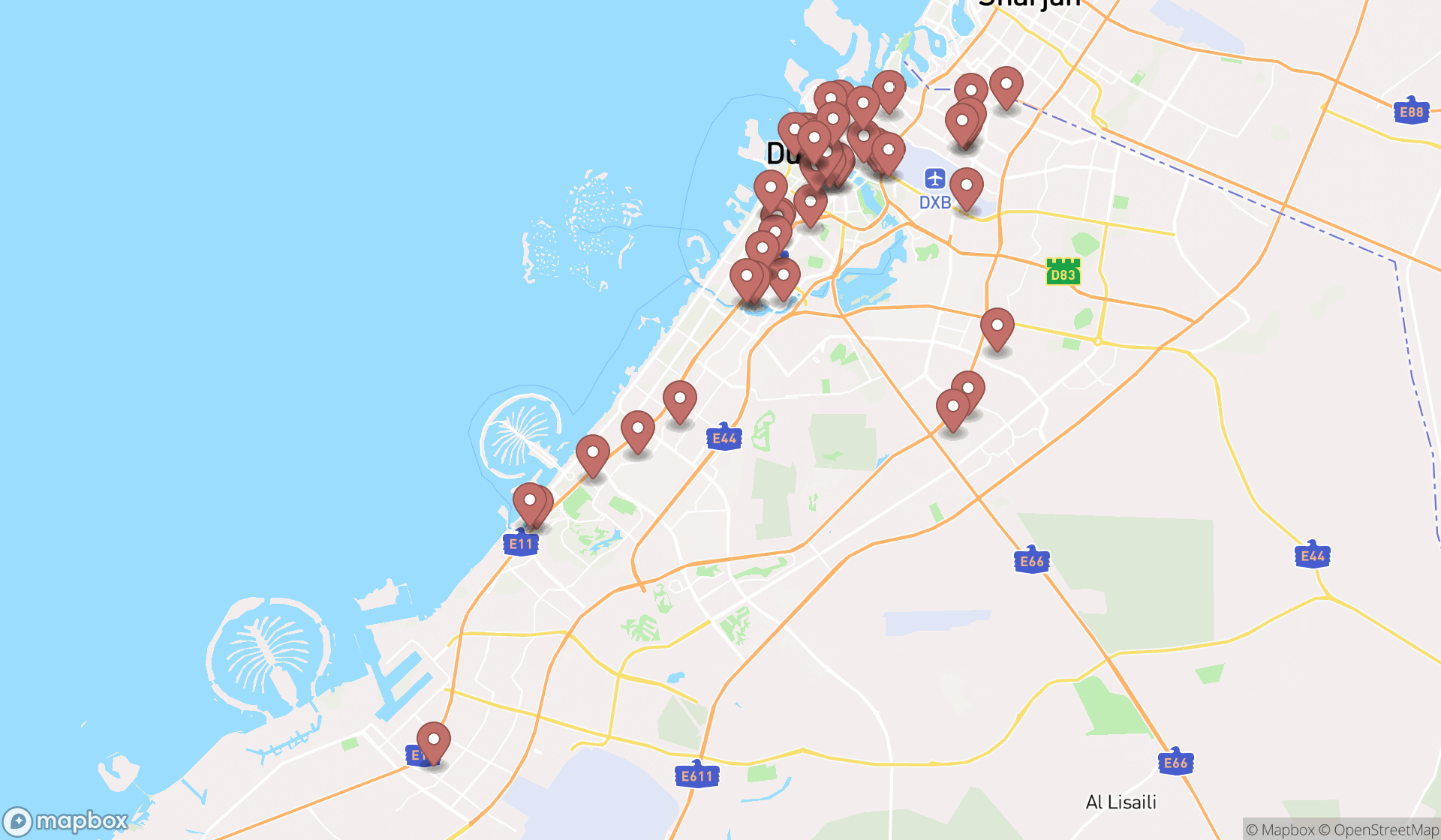 Map showing the search results in Dubai