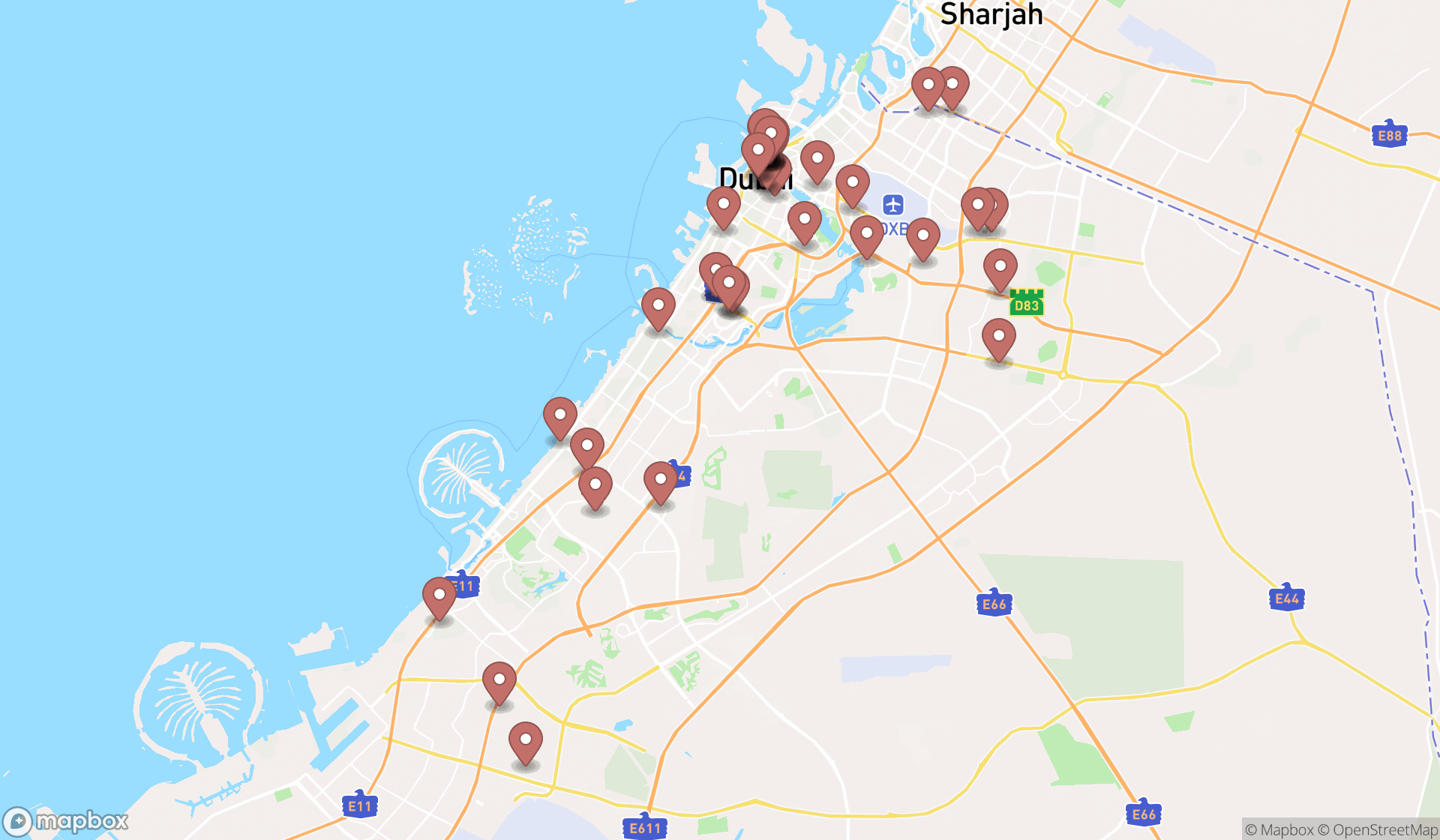 Map showing the search results in Dubai