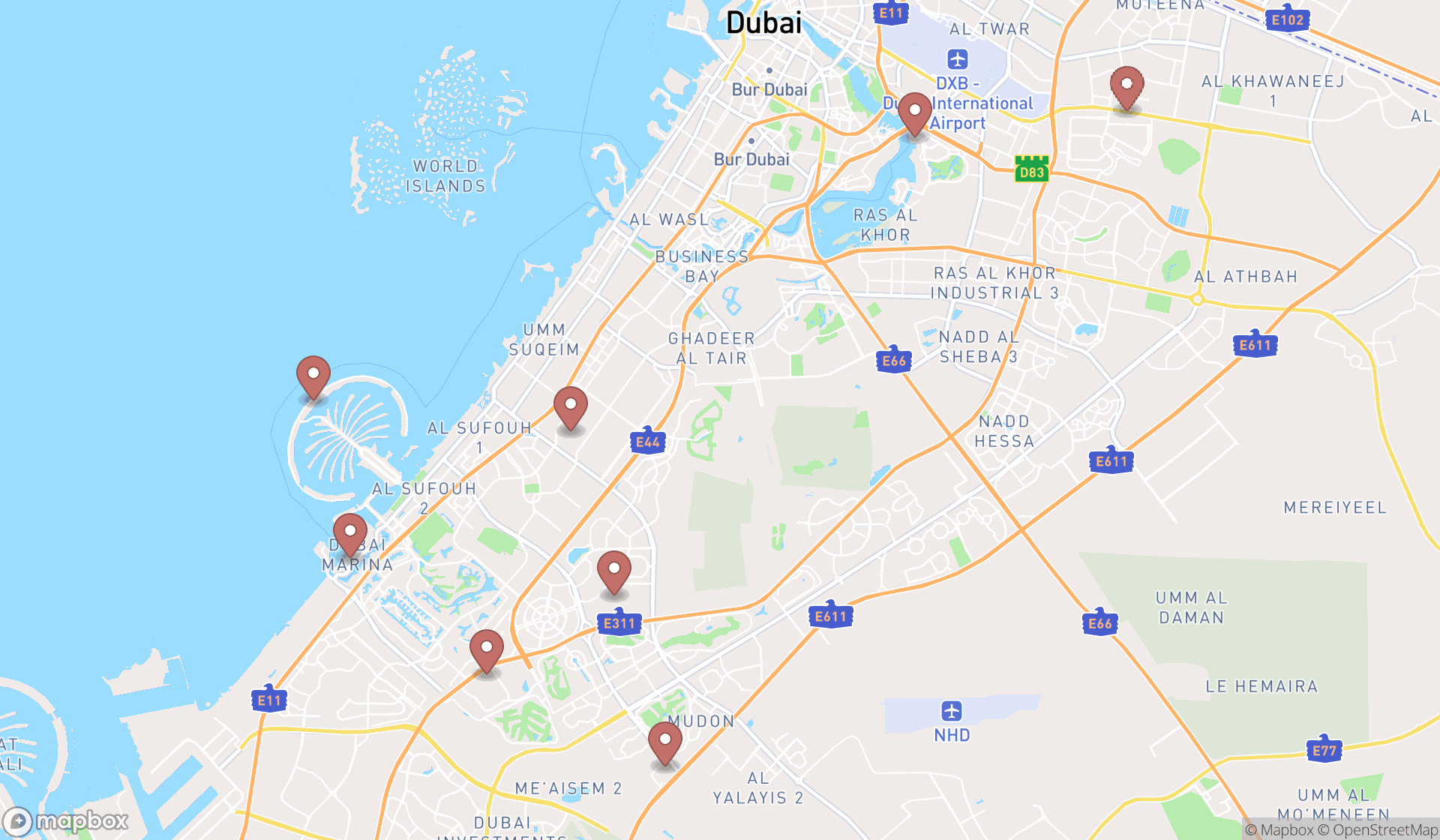 Map showing the search results in Dubai
