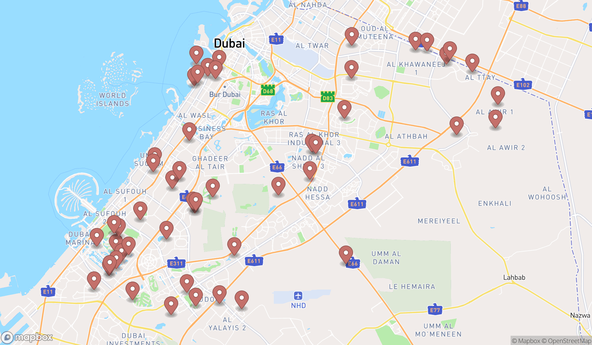 Map showing the search results in Dubai