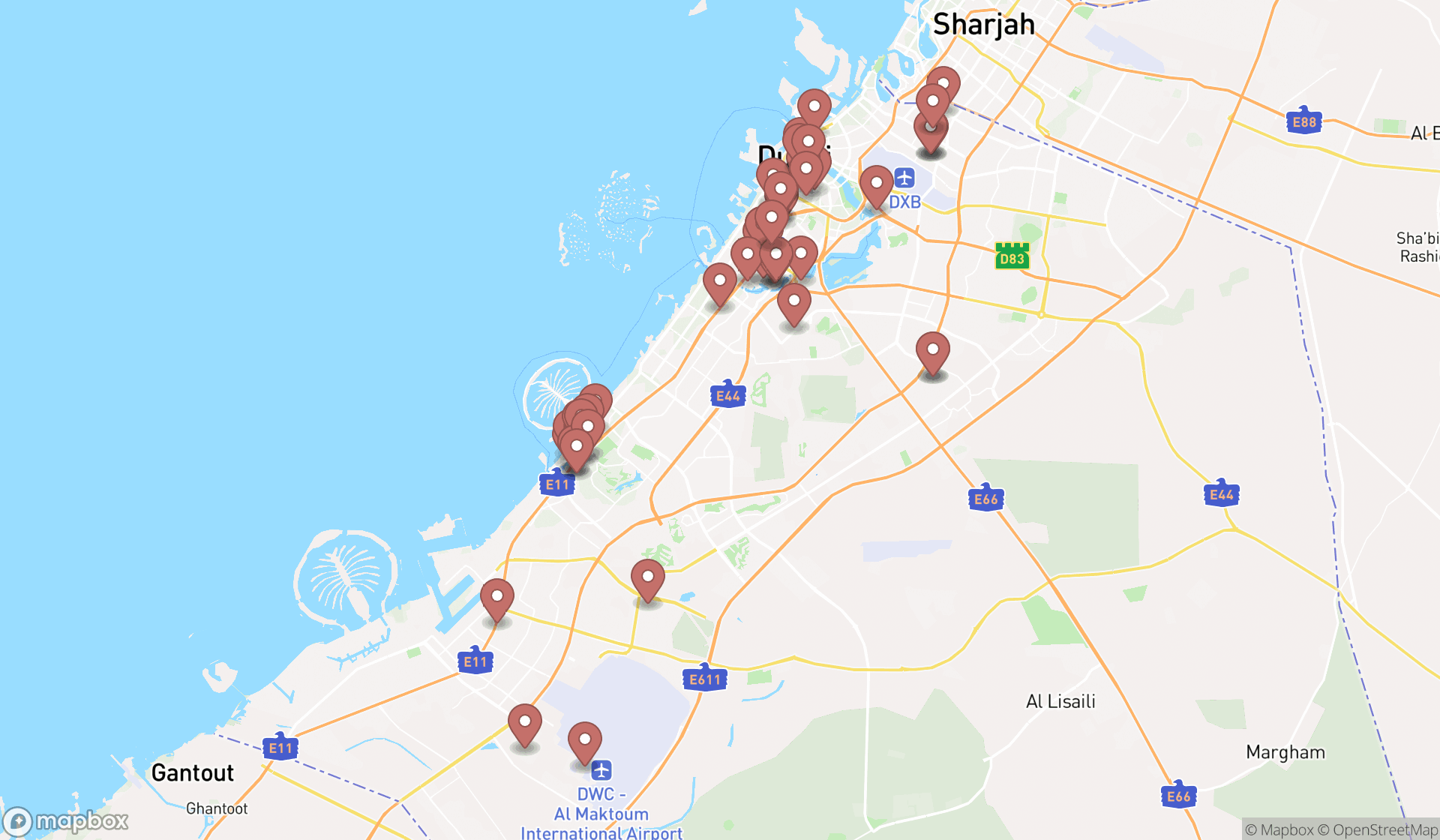 Map showing the search results in Dubai
