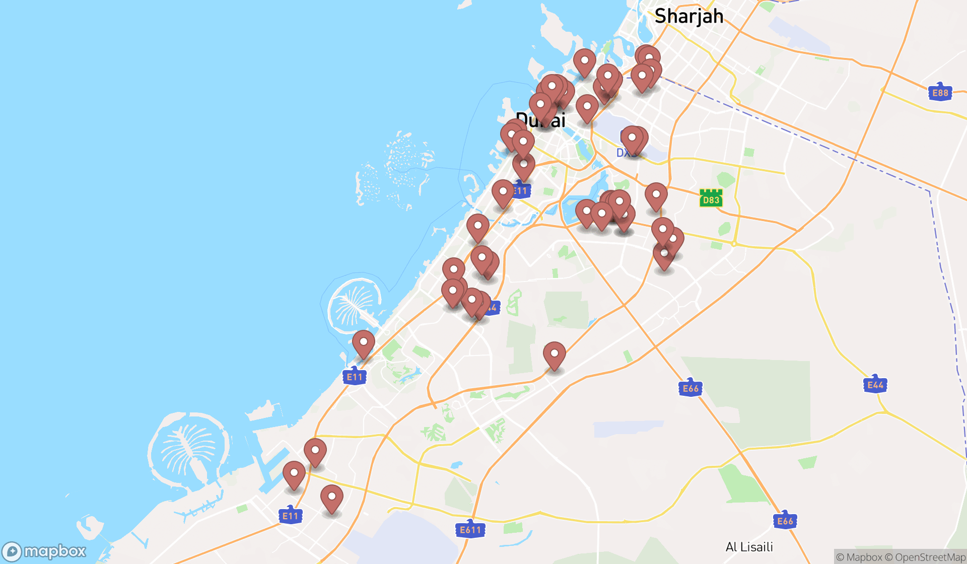 Map showing the search results in Dubai