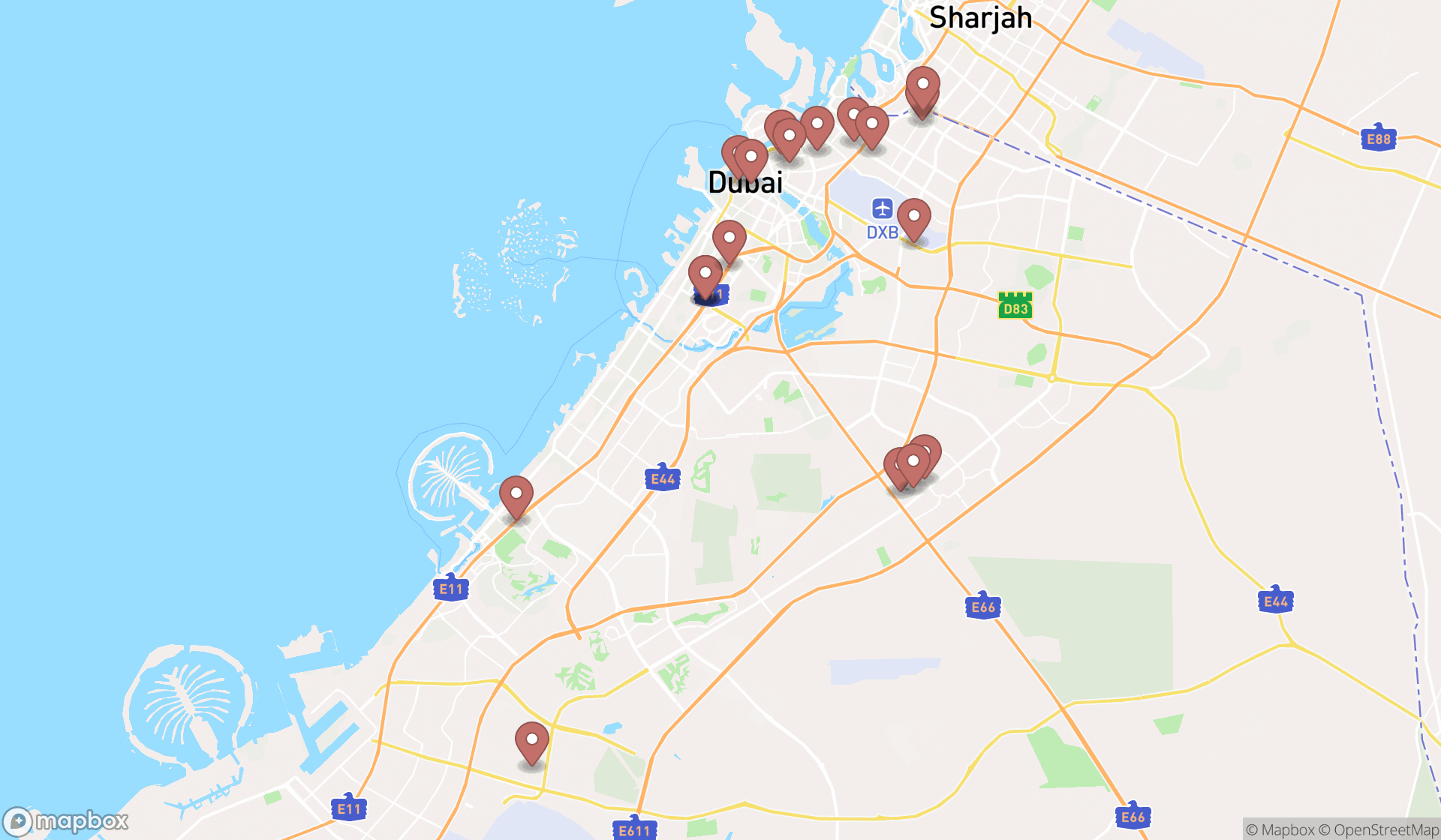 Map showing the search results in Dubai