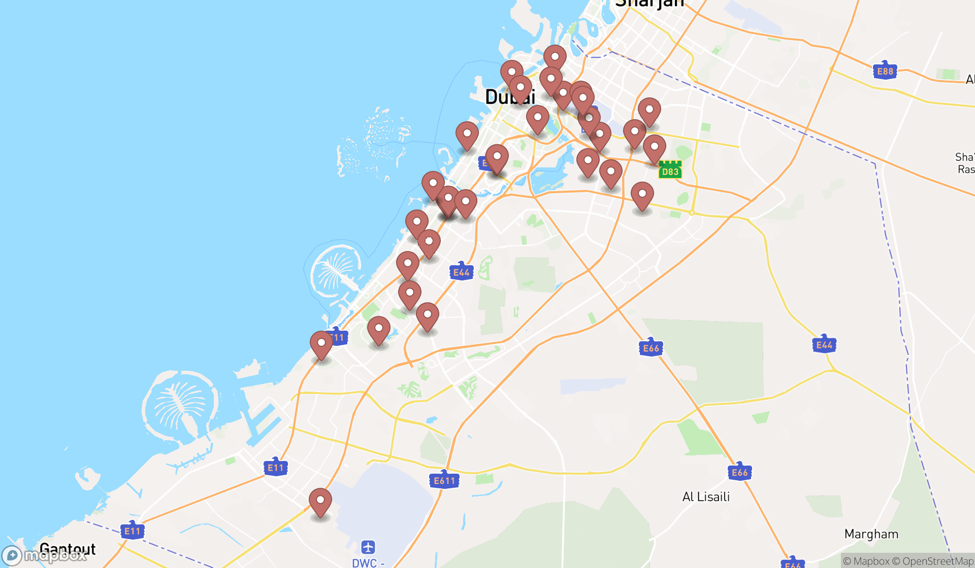 Map showing the search results in Dubai