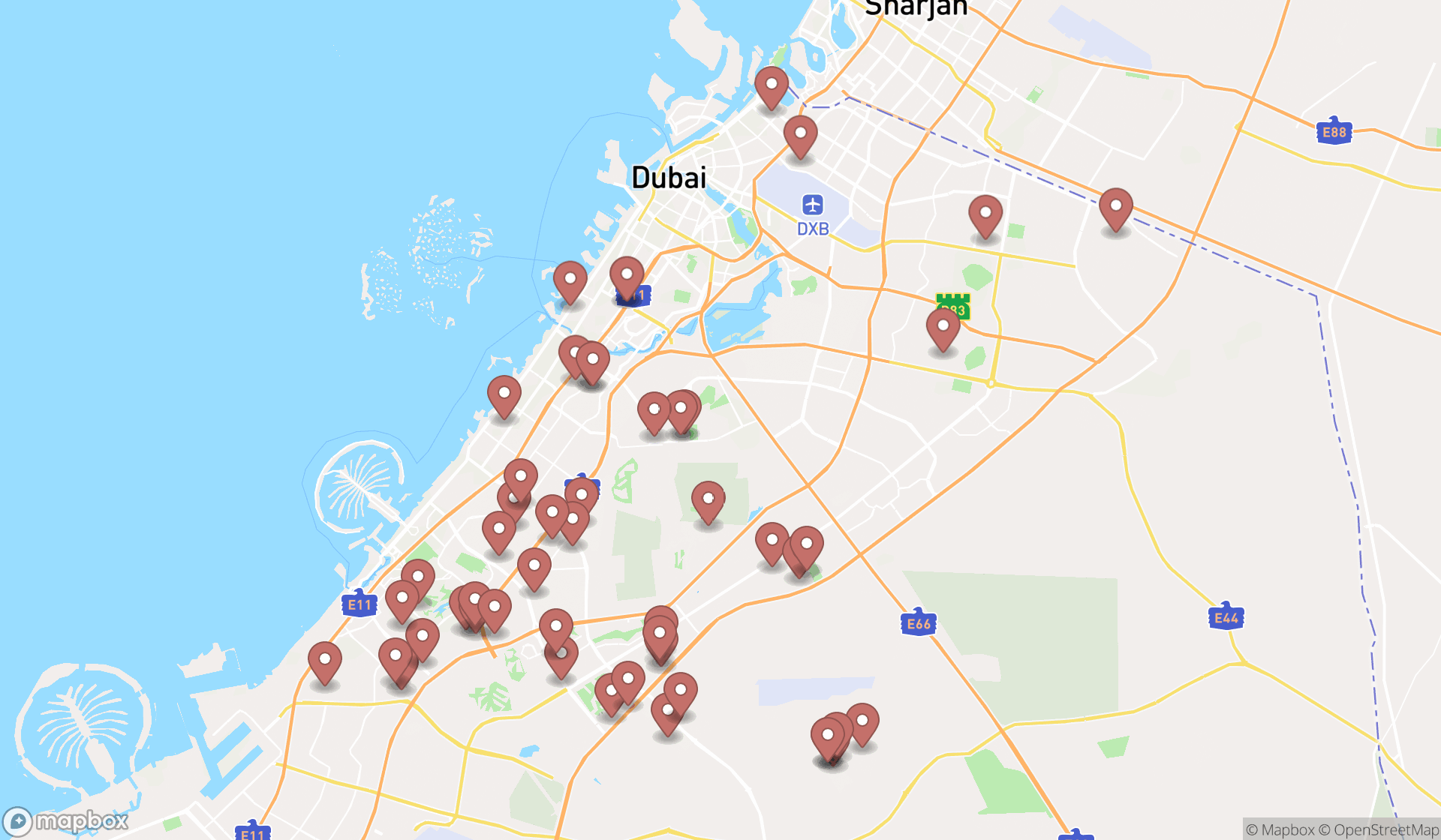 Map showing the search results in Dubai