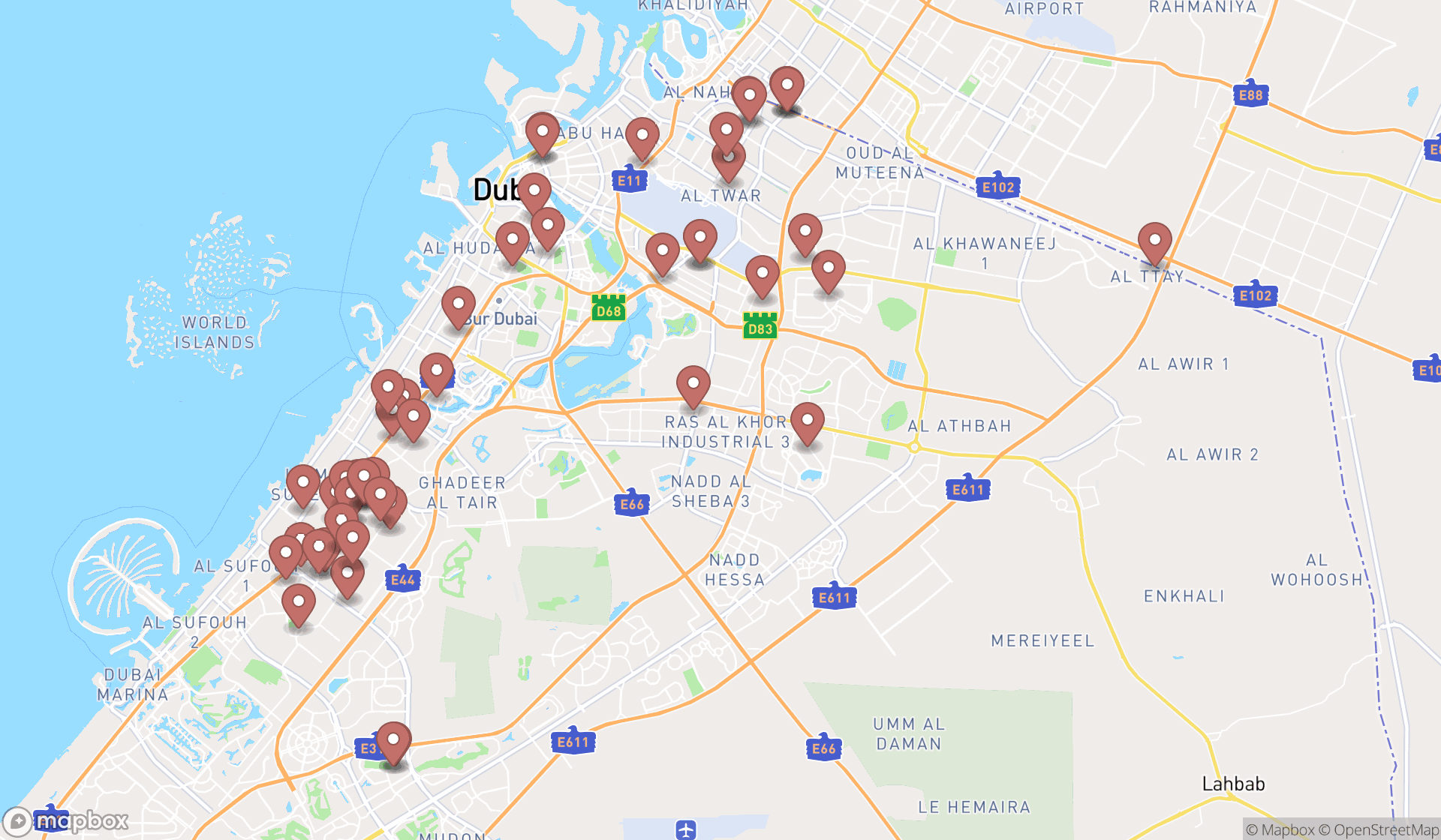 Map showing the search results in Dubai