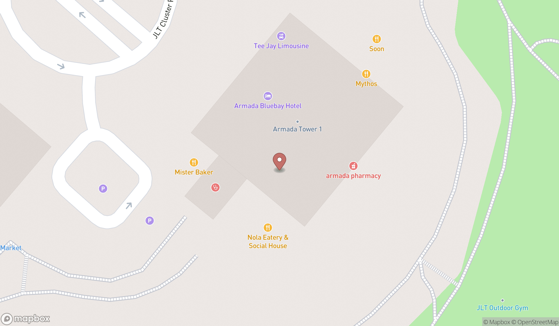 Map showing the search results in Dubai