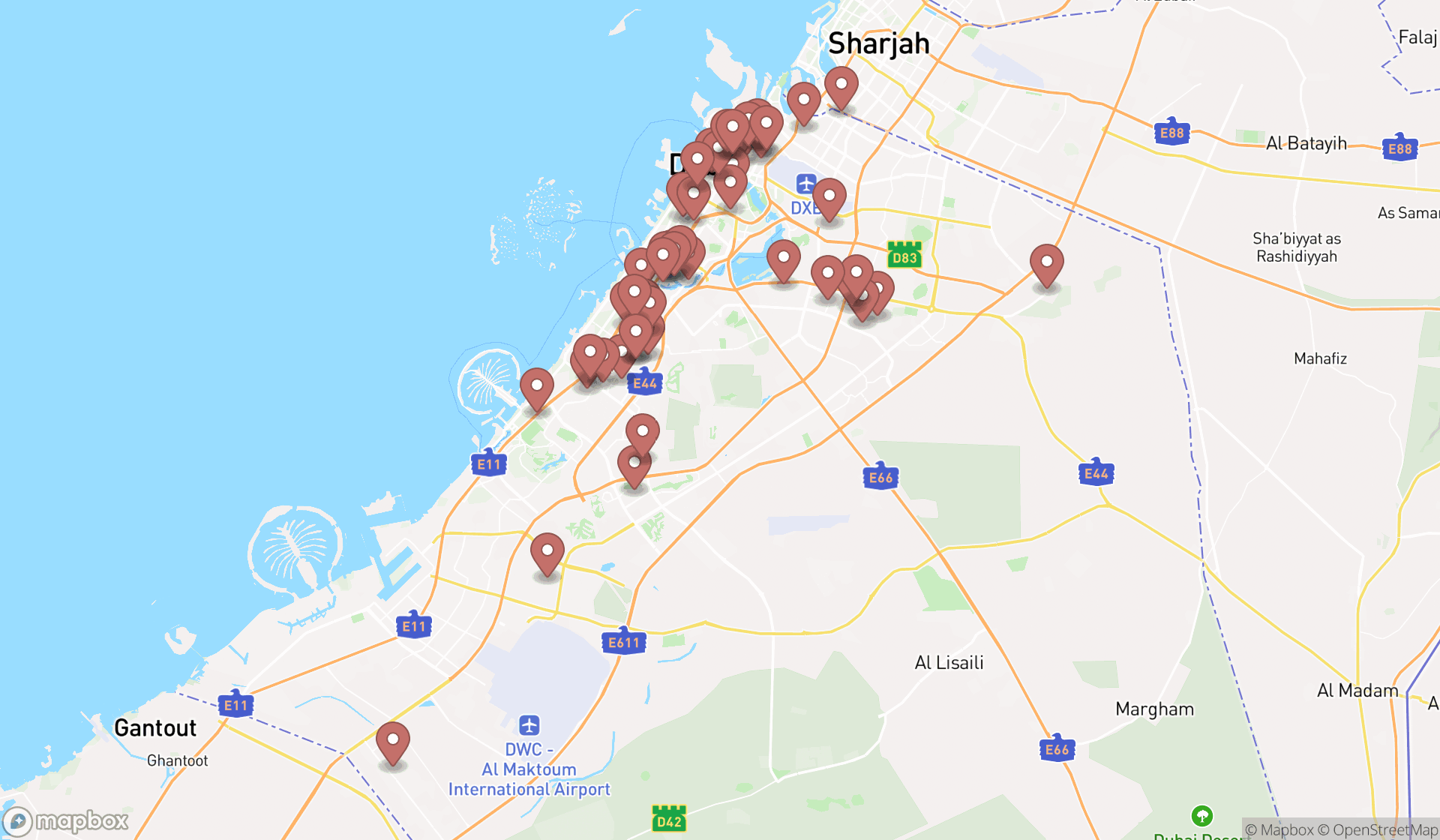 Map showing the search results in Dubai
