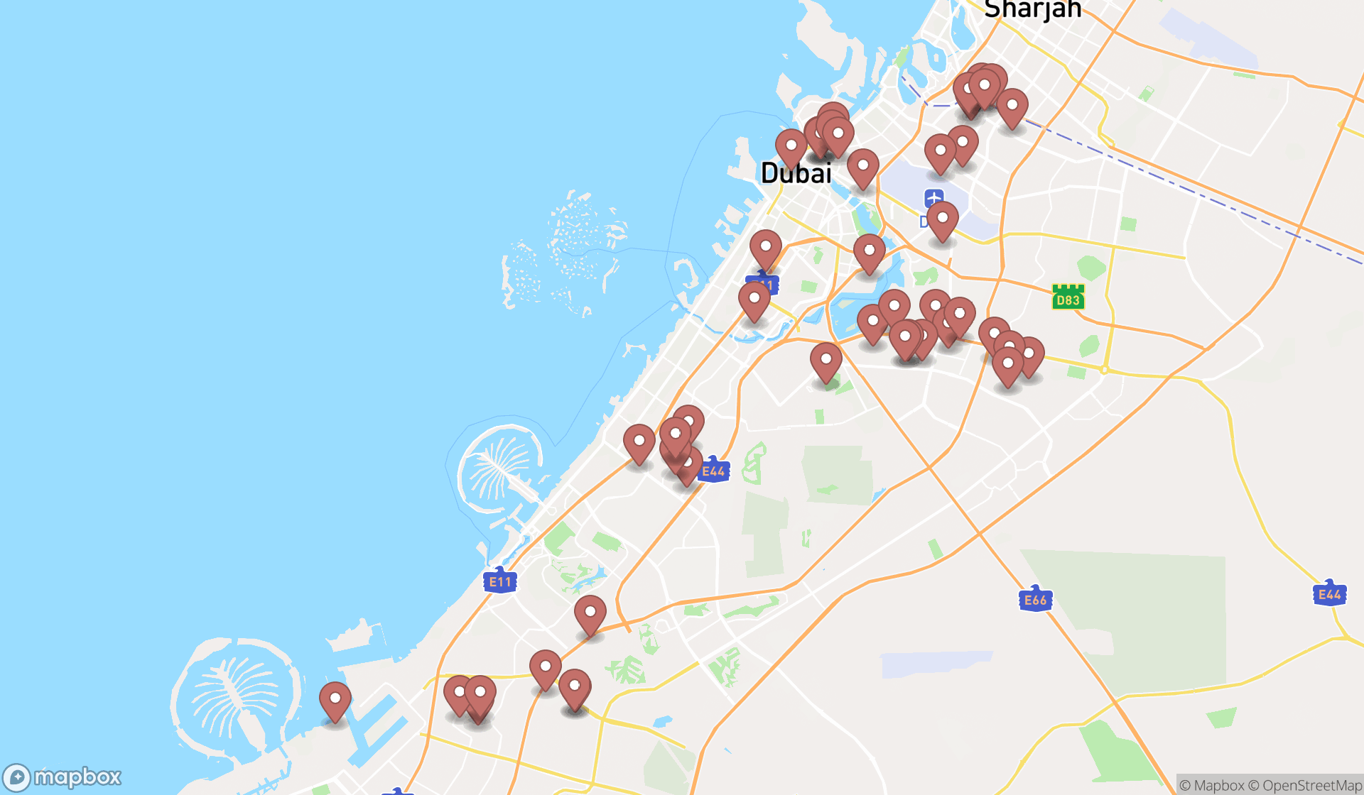 Map showing the search results in Dubai